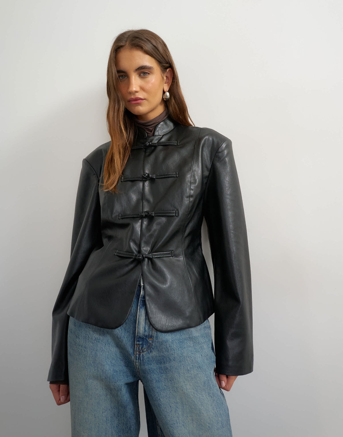Topshop faux leather frogging fastening blazer in black
