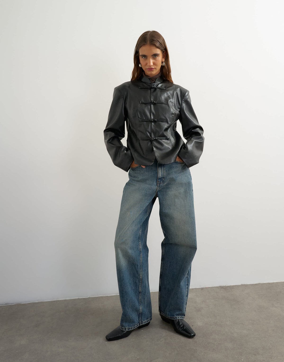 Topshop faux leather frogging fastening blazer in black