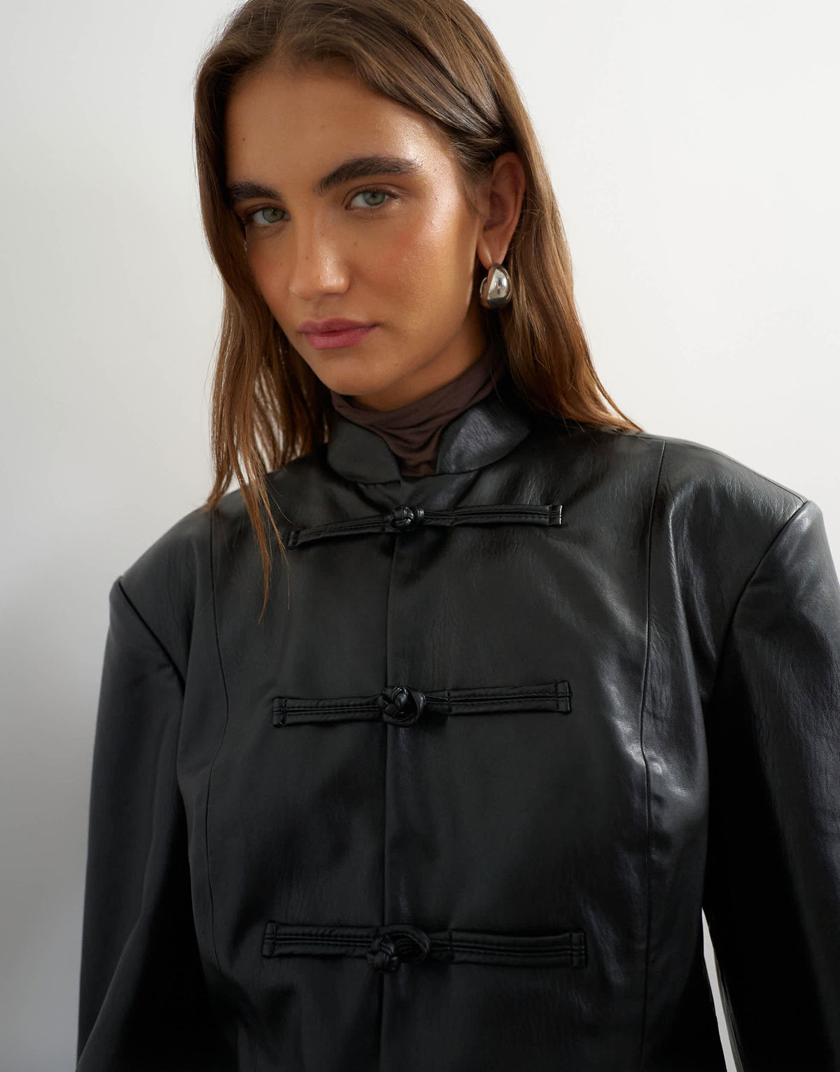 Topshop faux leather frogging fastening blazer in black