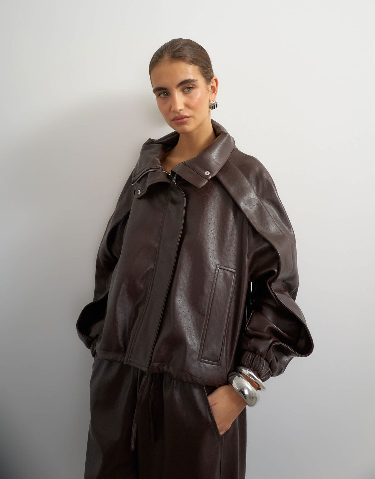 Topshop faux leather ostrich bomber jacket in brown