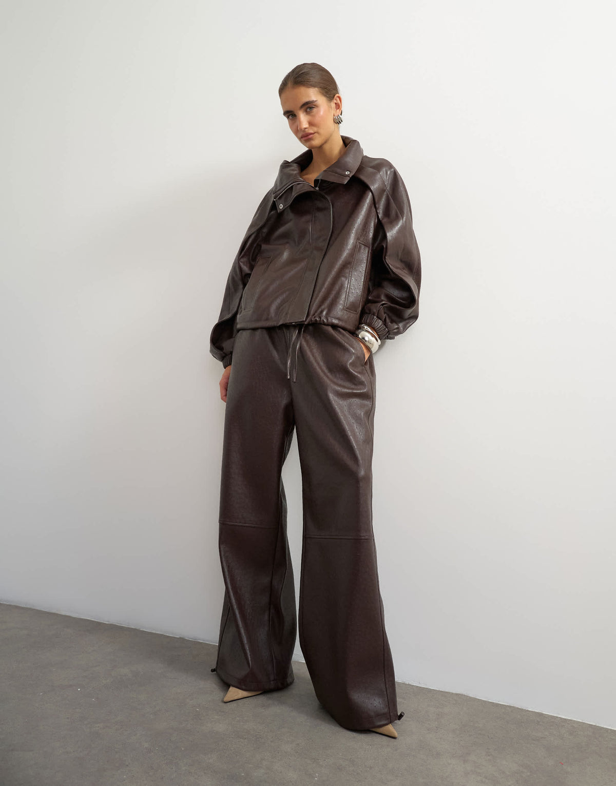 Topshop faux leather ostrich bomber jacket in brown