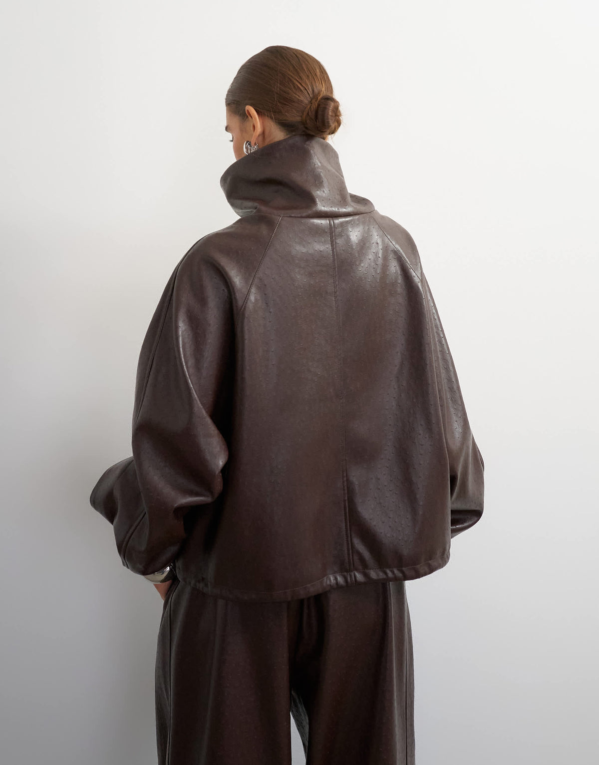 Topshop faux leather ostrich bomber jacket in brown