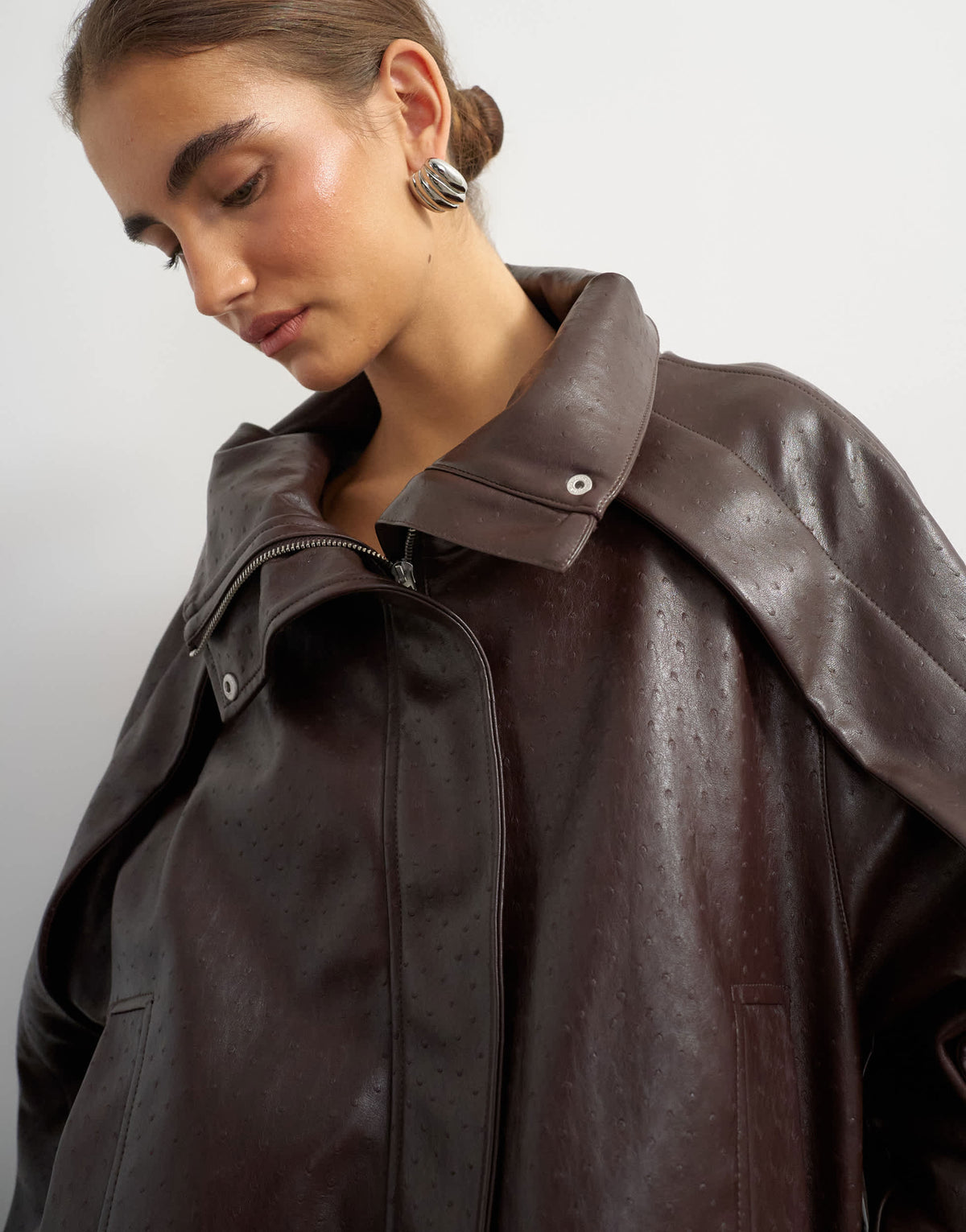 Topshop faux leather ostrich bomber jacket in brown