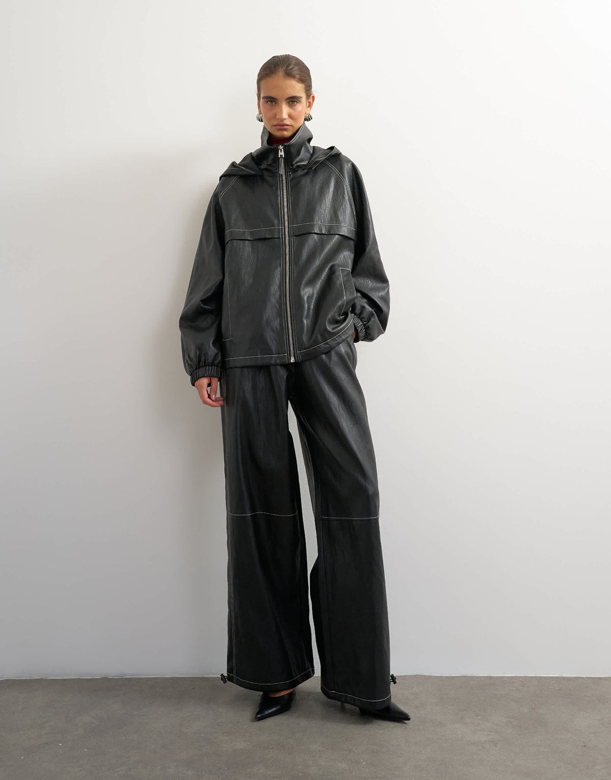 Topshop co-ord faux leather contrast hooded jacket in black