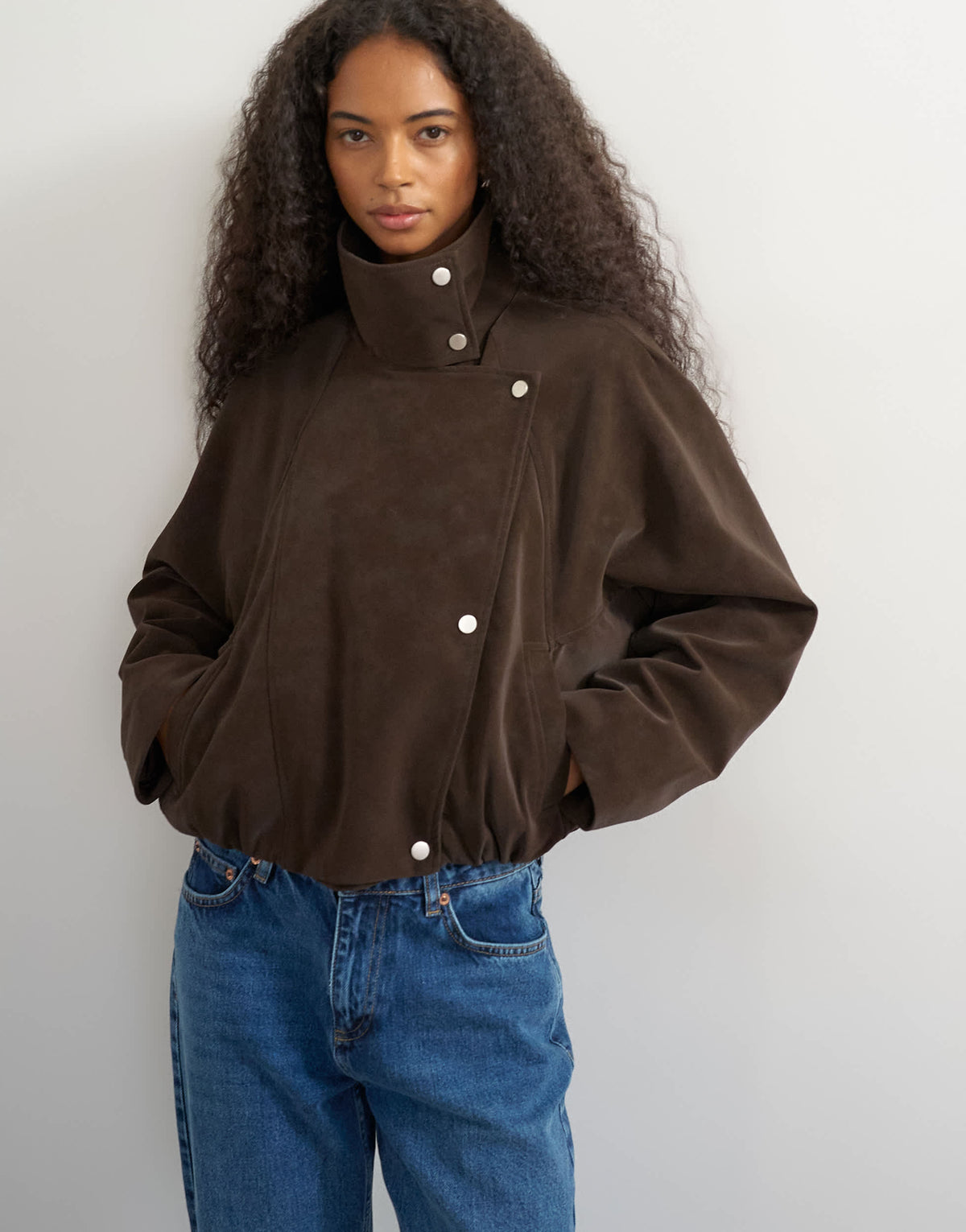 Topshop co-ord faux leather funnel neck bomber jacket in brown