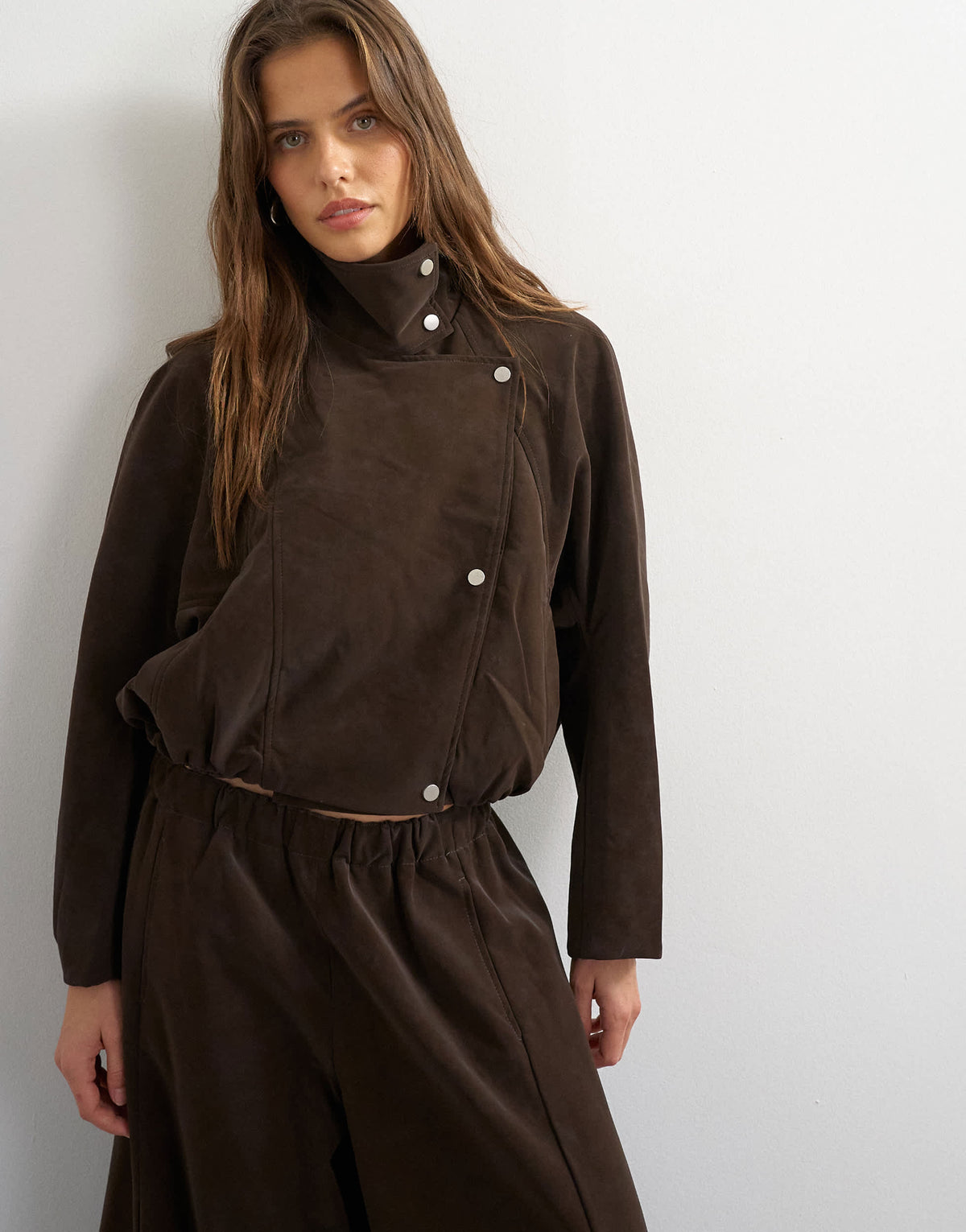 Topshop co-ord faux leather funnel neck bomber jacket in brown