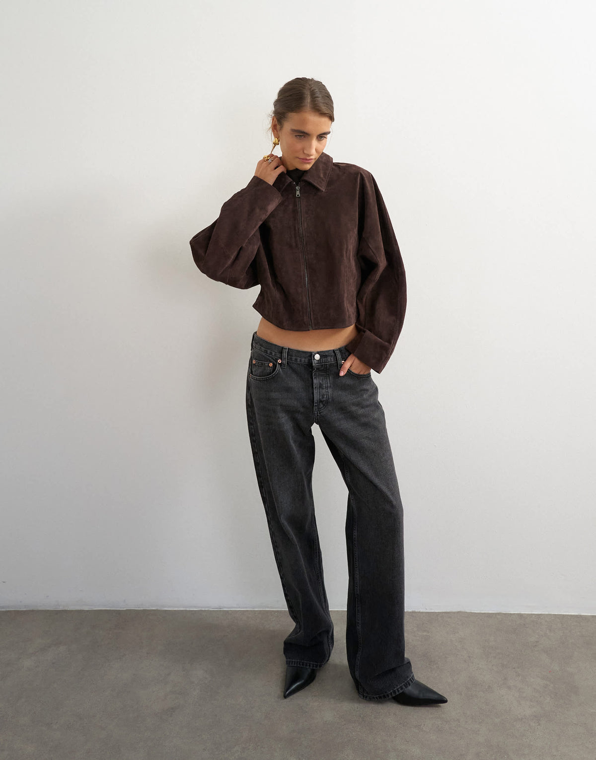 Topshop co-ord premium real suede jacket in brown