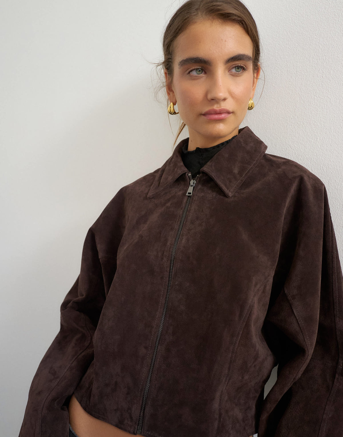 Topshop co-ord premium real suede jacket in brown