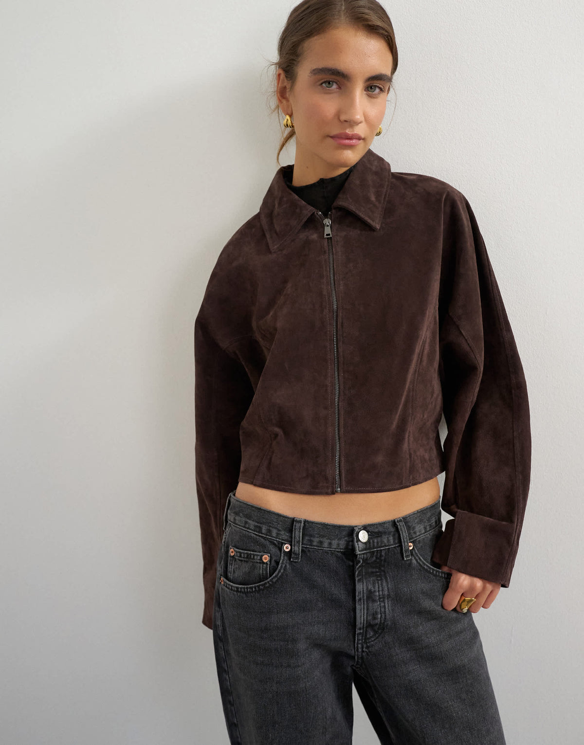 Topshop co-ord premium real suede jacket in brown