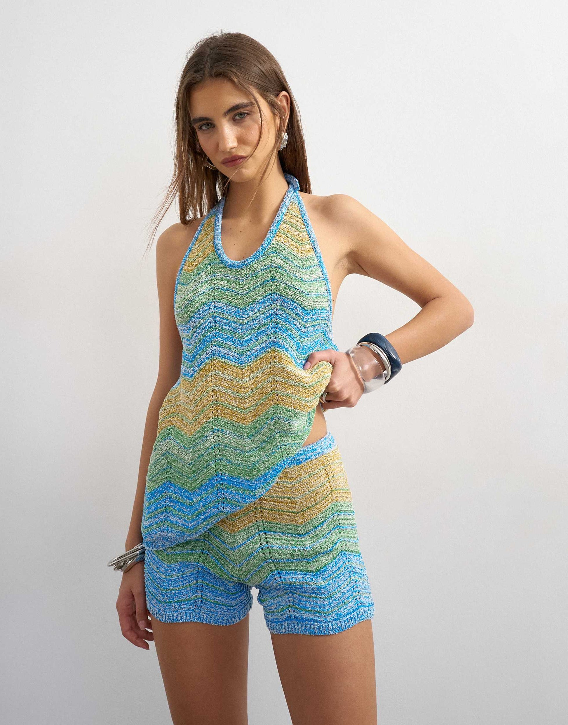 Topshop knitted stripe shorts co-ord in blue multi