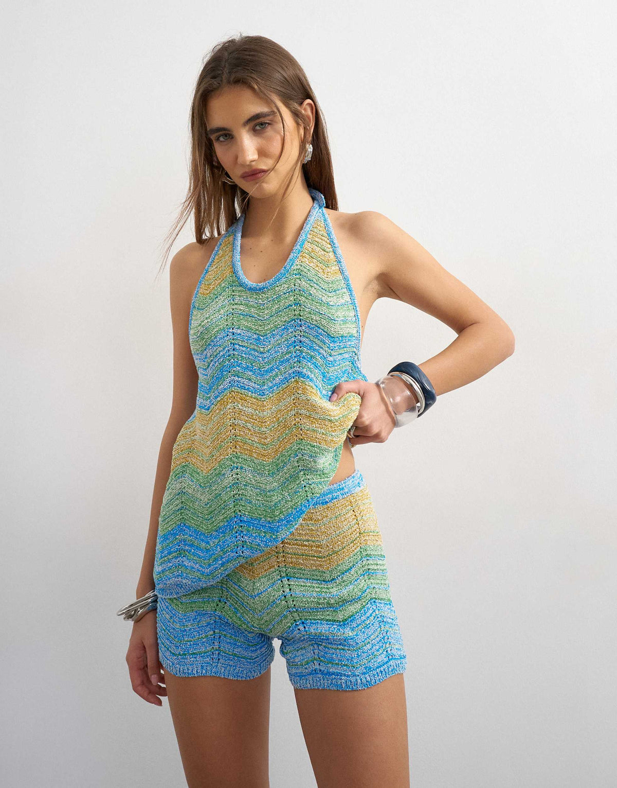 Topshop knitted stripe shorts co-ord in blue multi