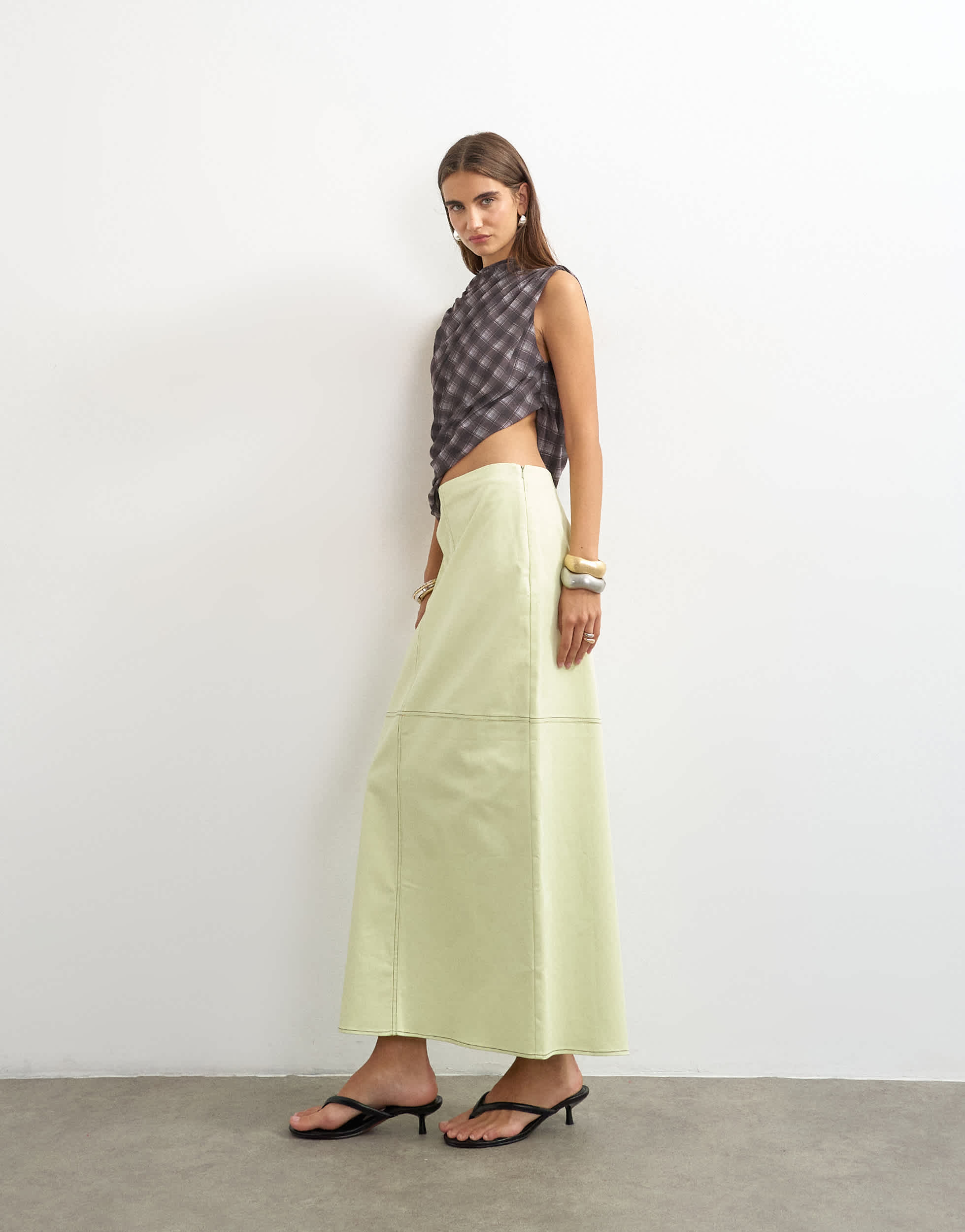 Topshop column midi skirt with contrast stitch detail in light green