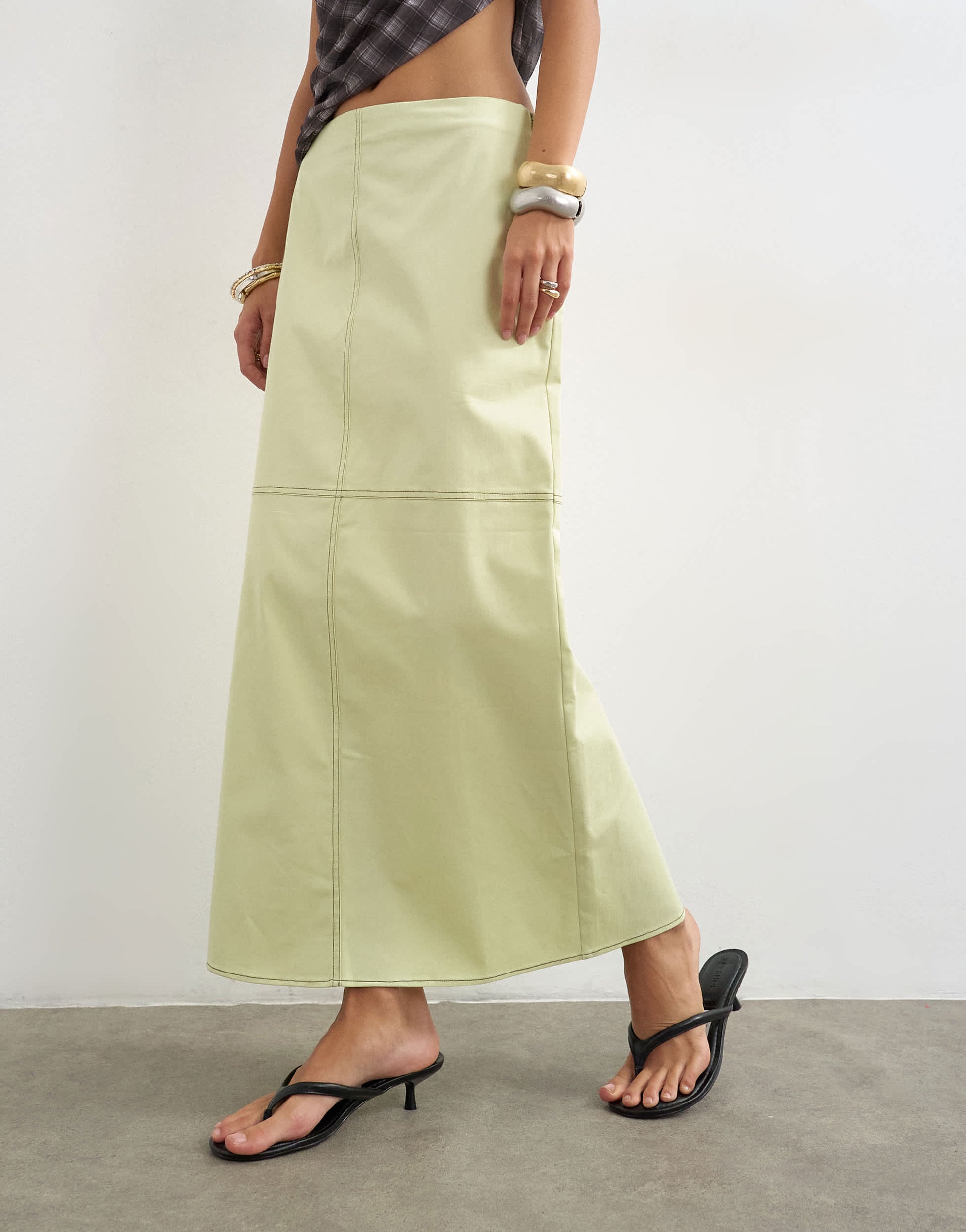 Topshop column midi skirt with contrast stitch detail in light green