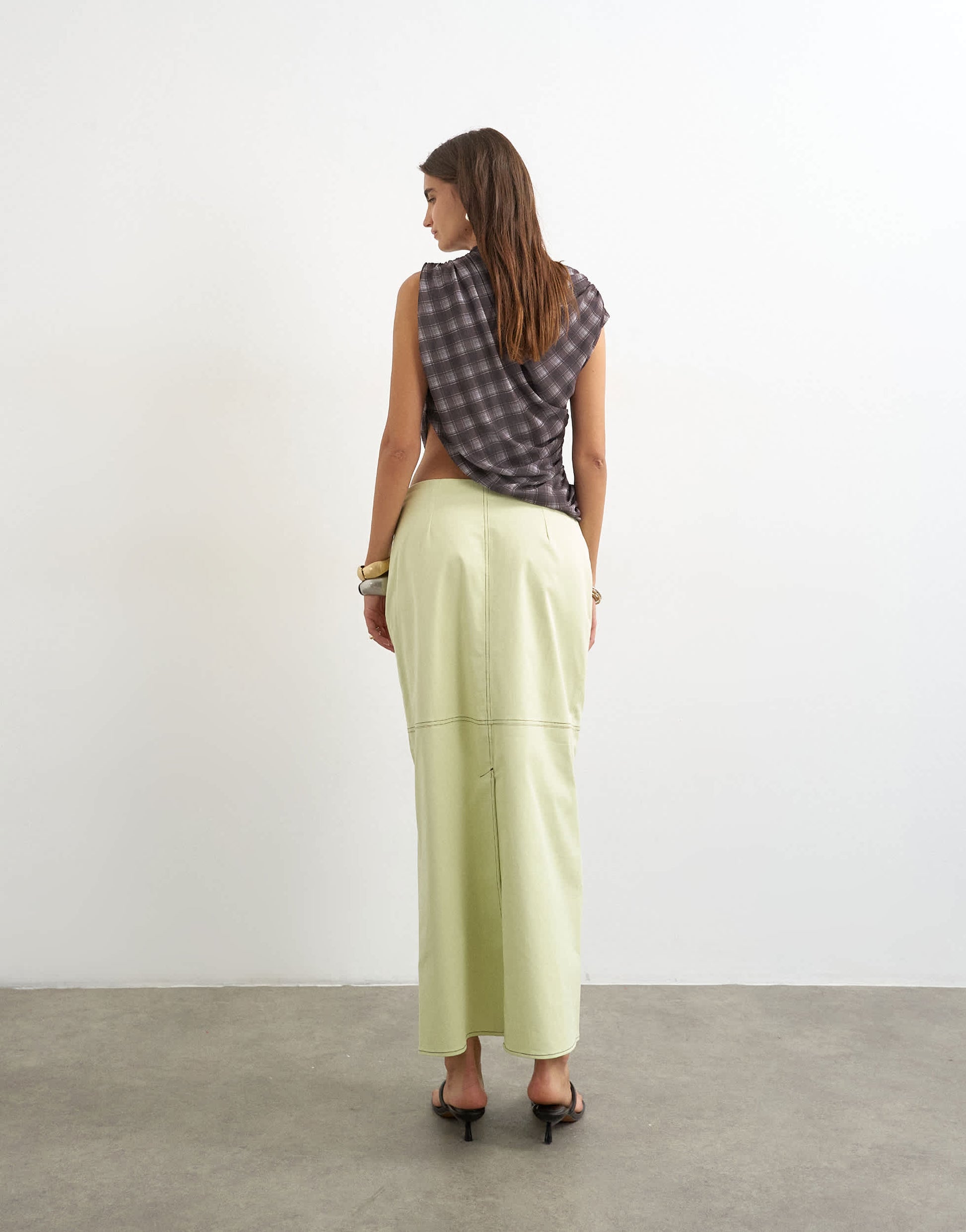 Topshop column midi skirt with contrast stitch detail in light green