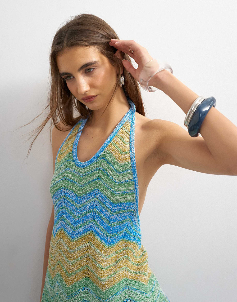 Topshop knitted stripe tie back top co-ord in blue multi
