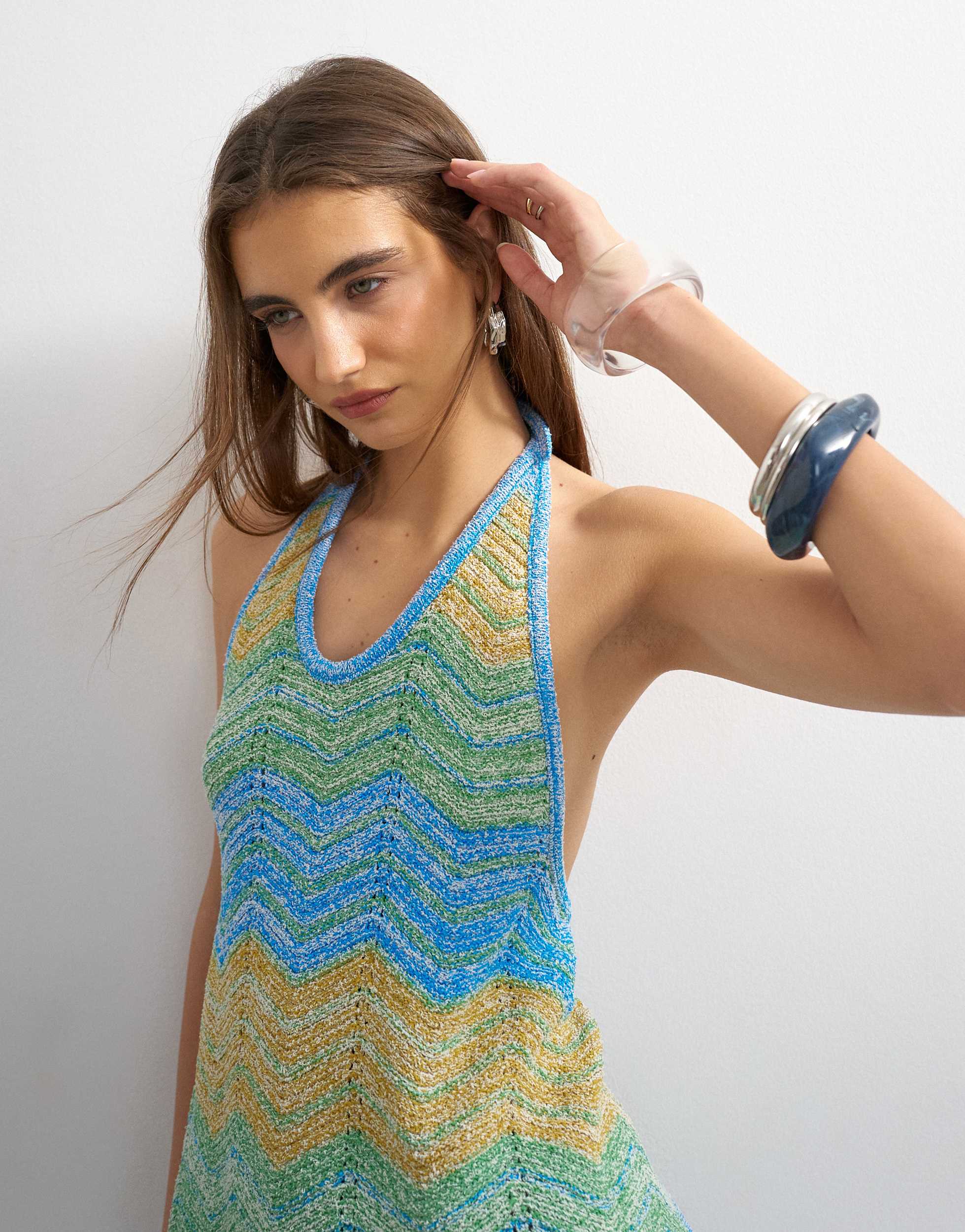 Topshop knitted stripe tie back top co-ord in blue multi