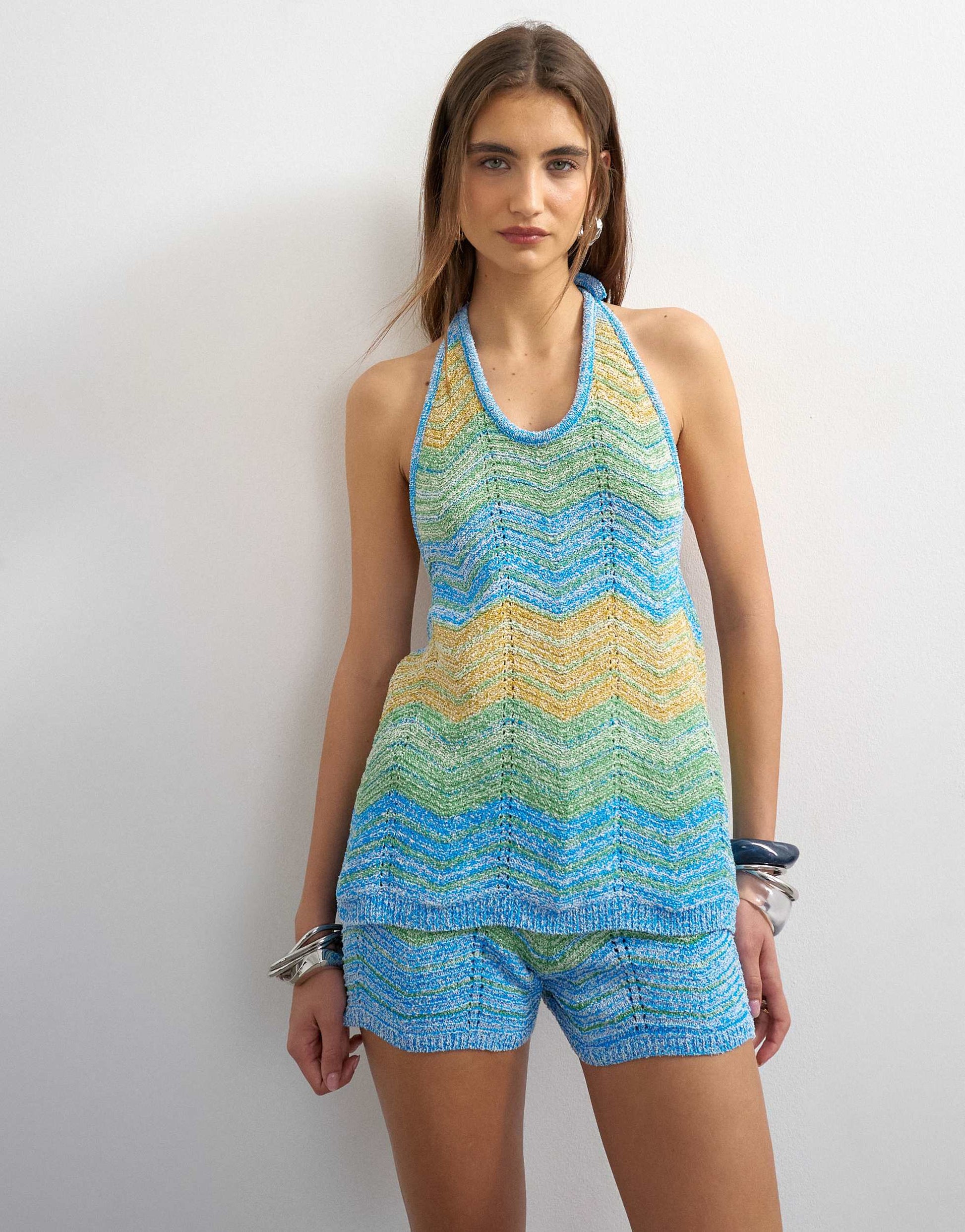 Topshop knitted stripe tie back top co-ord in blue multi