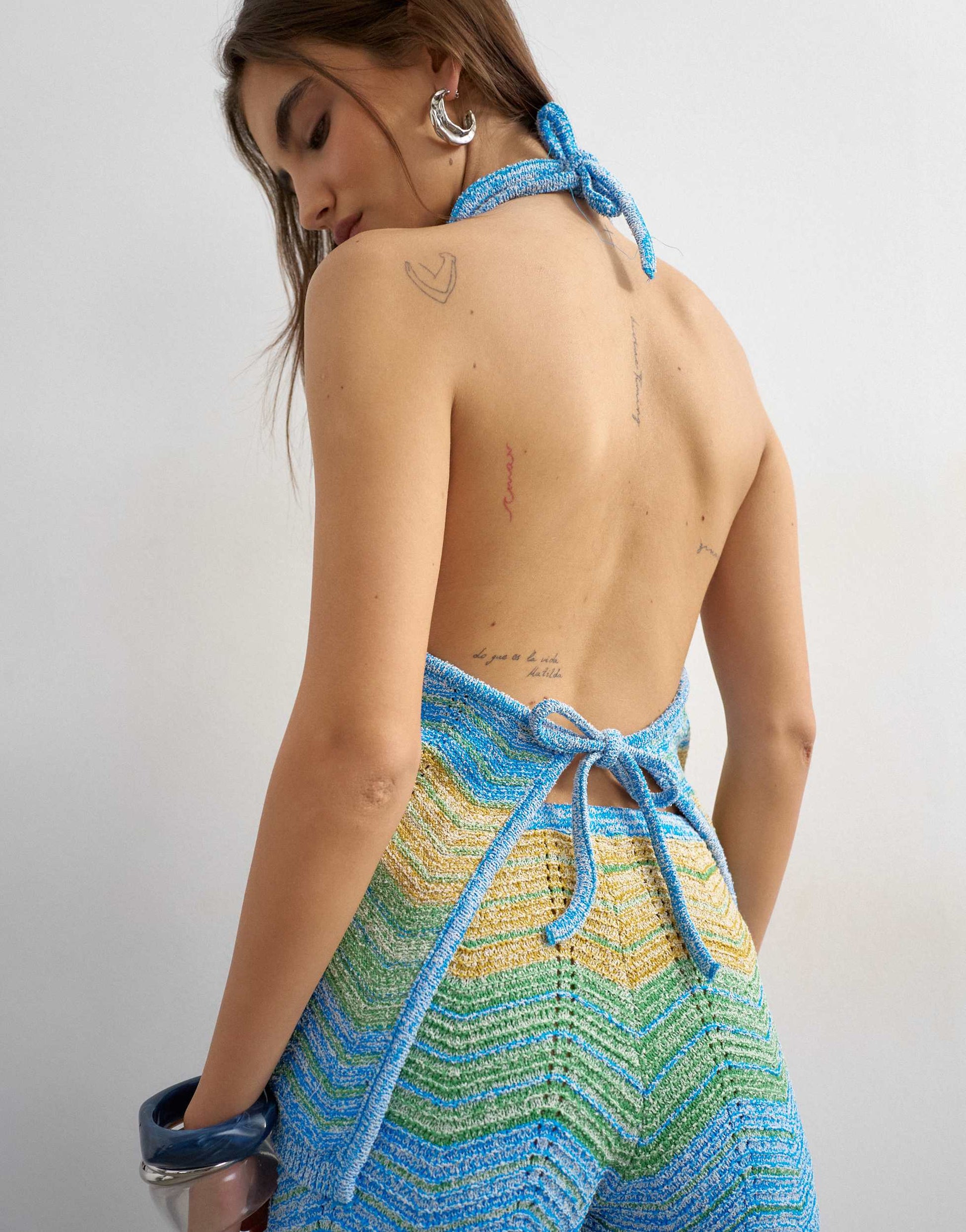 Topshop knitted stripe tie back top co-ord in blue multi
