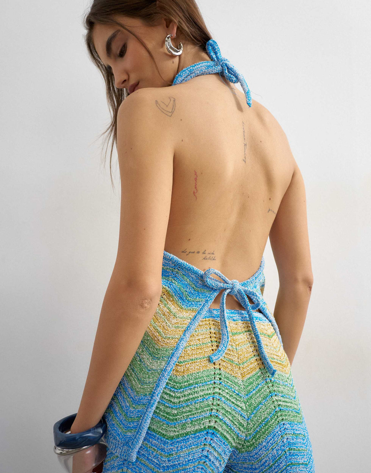 Topshop knitted stripe tie back top co-ord in blue multi