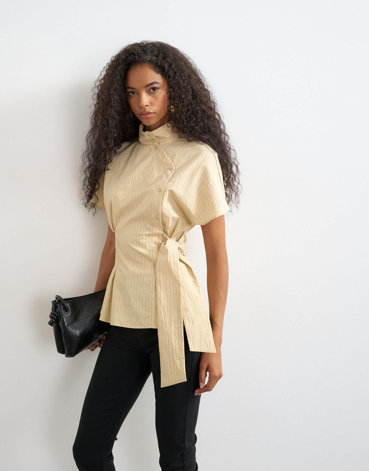 Topshop high neck curved placket shirt in taupe stripe