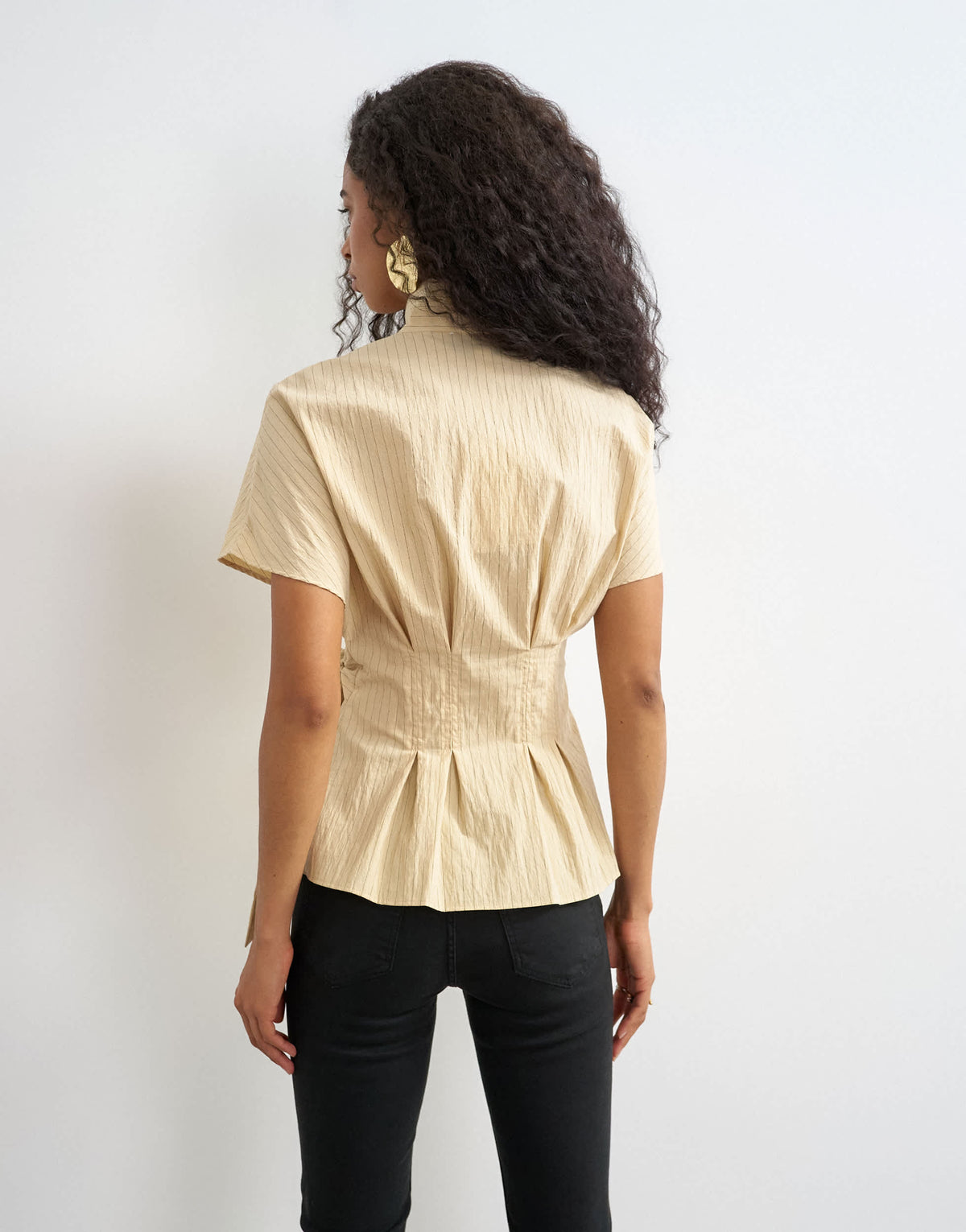 Topshop high neck curved placket shirt in taupe stripe