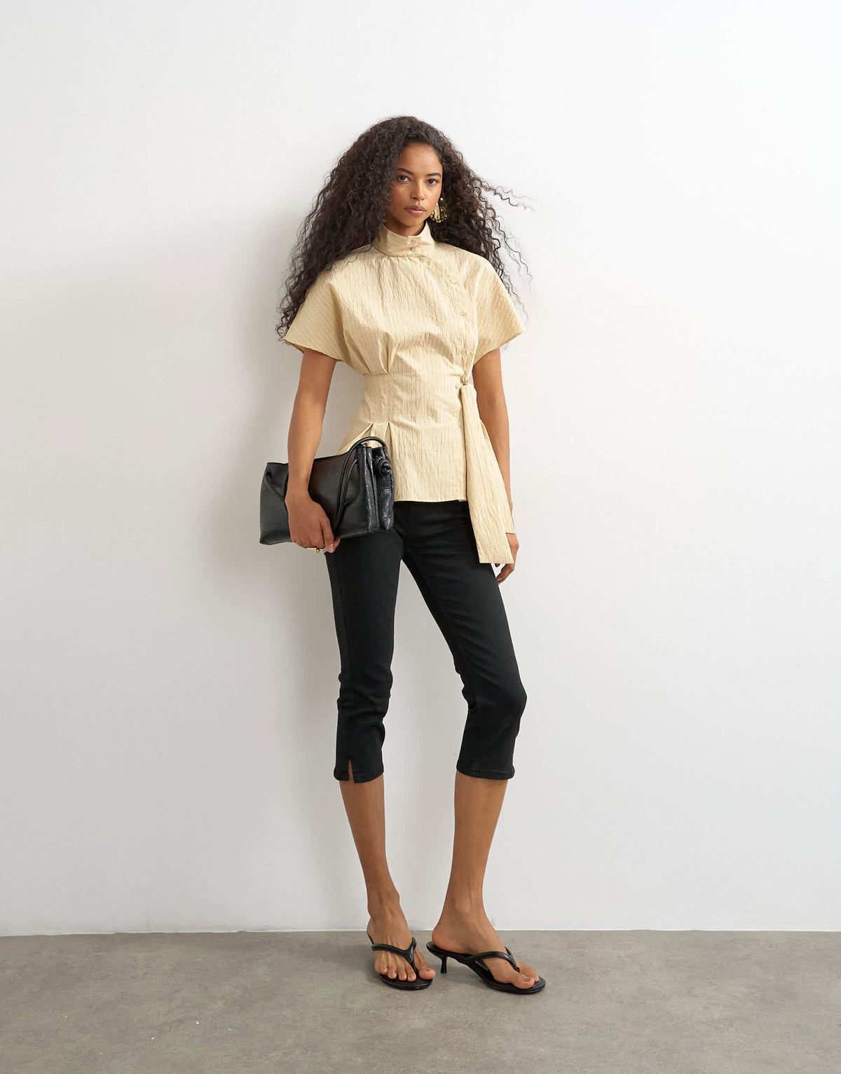 Topshop high neck curved placket shirt in taupe stripe