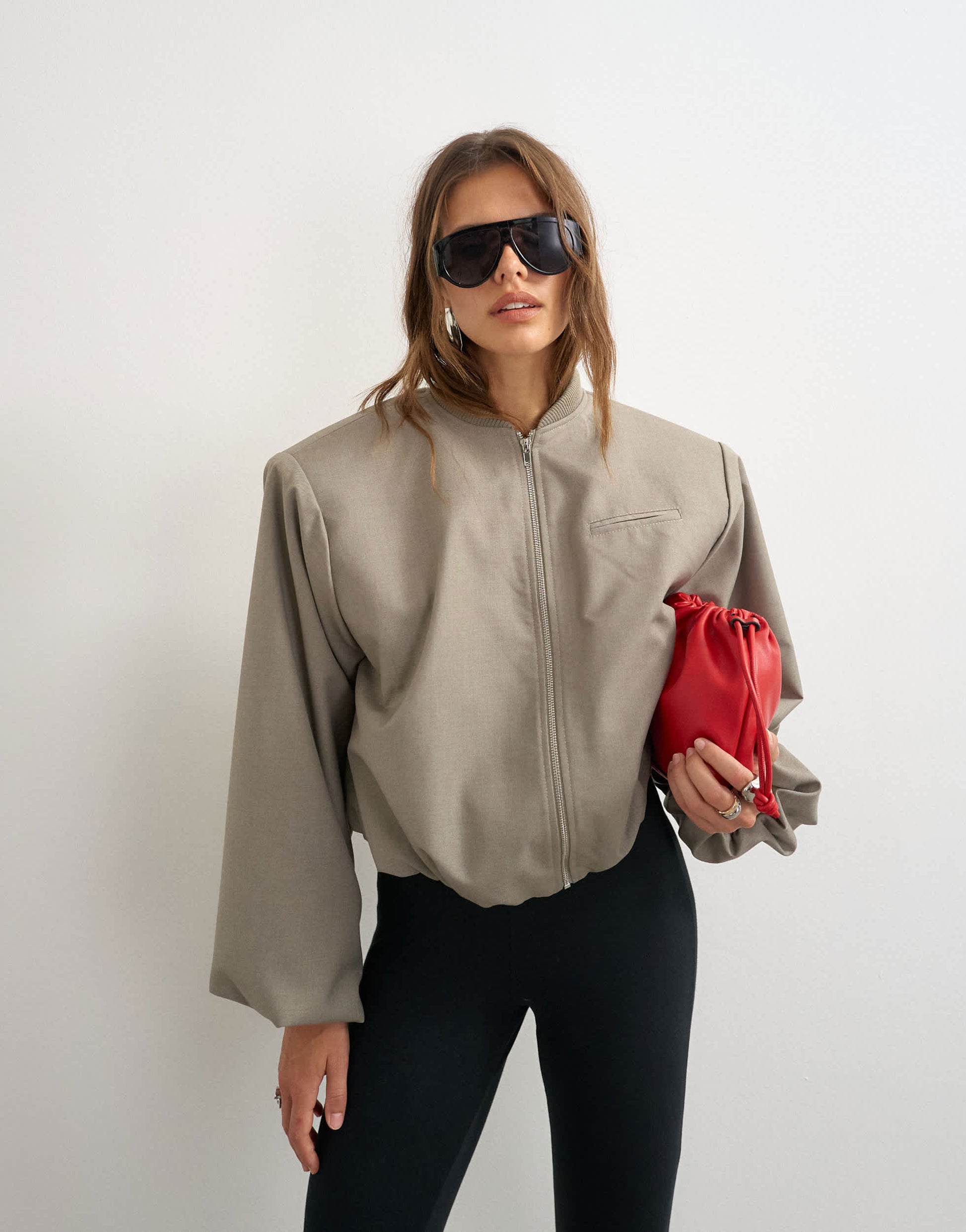 Topshop oversized zip up bomber jacket in stone