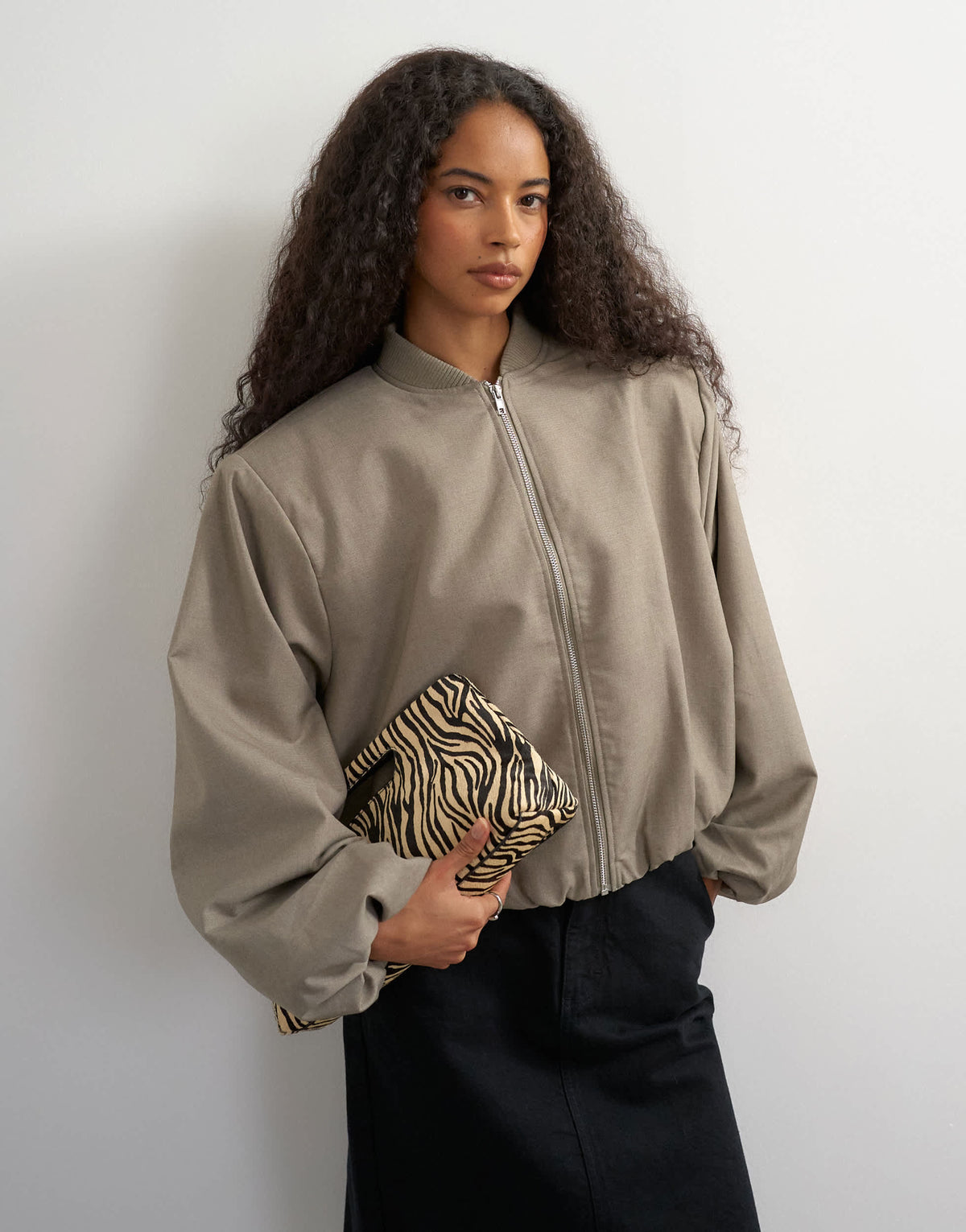 Topshop oversized zip up bomber jacket in stone