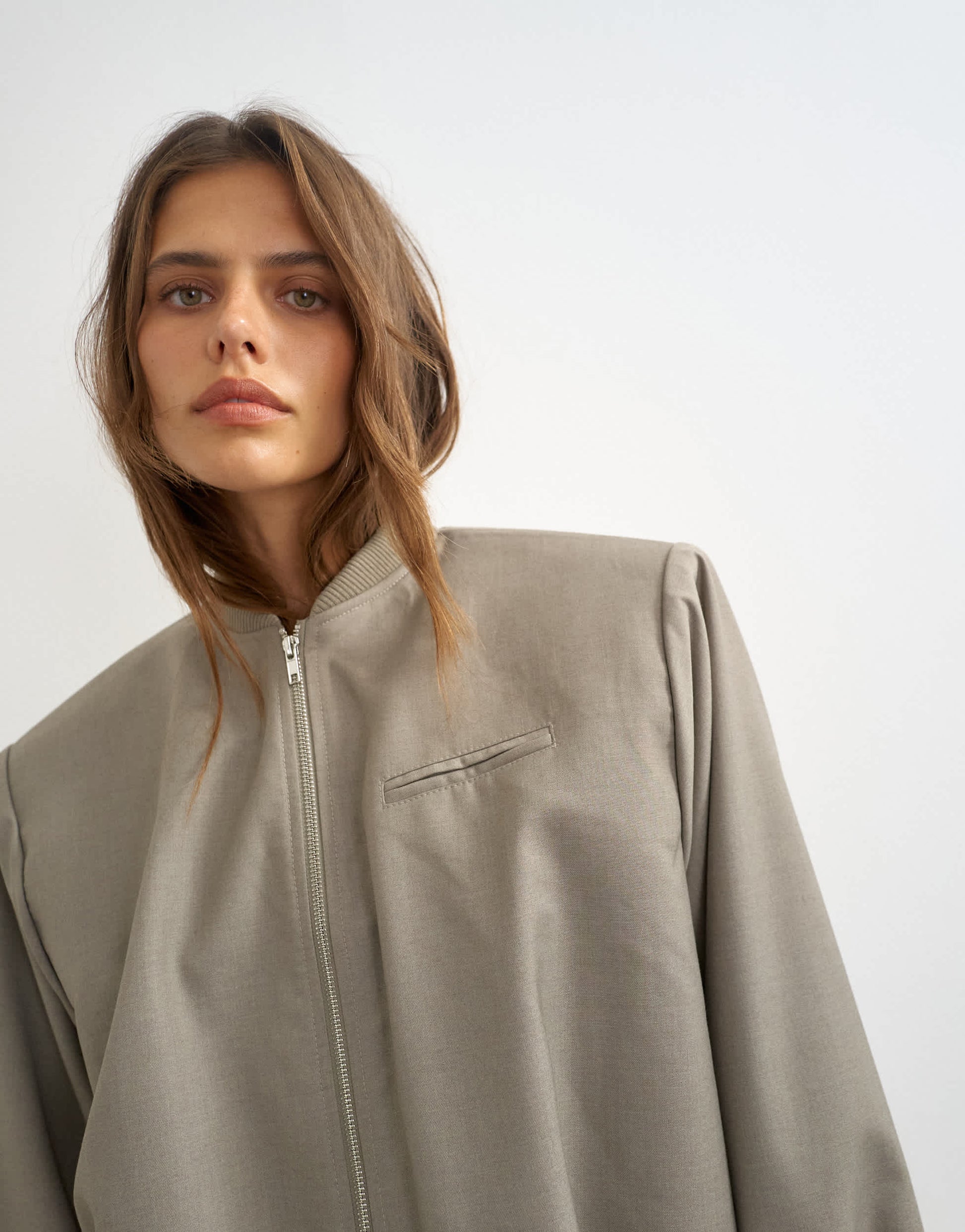 Topshop oversized zip up bomber jacket in stone