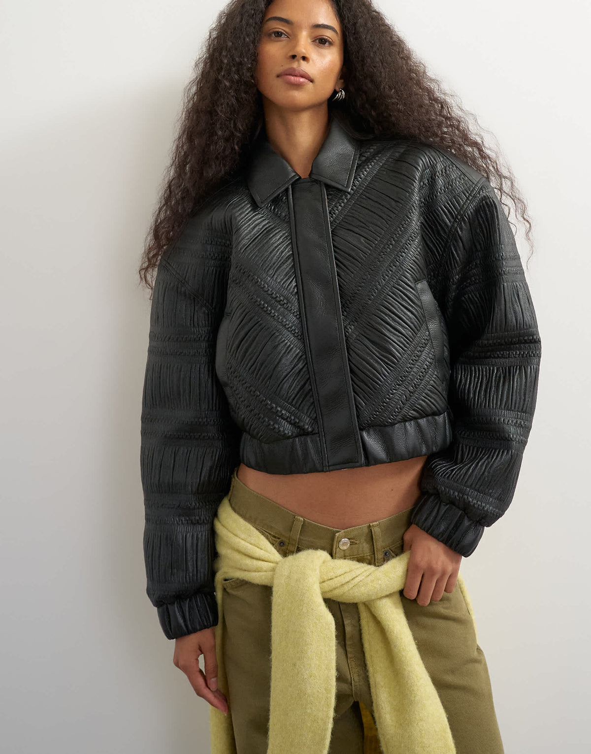 Topshop faux leather textured bomber in black