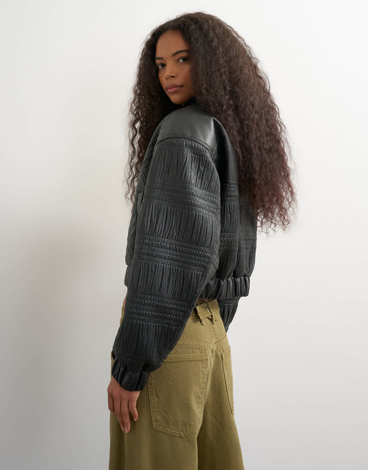 Topshop faux leather textured bomber in black
