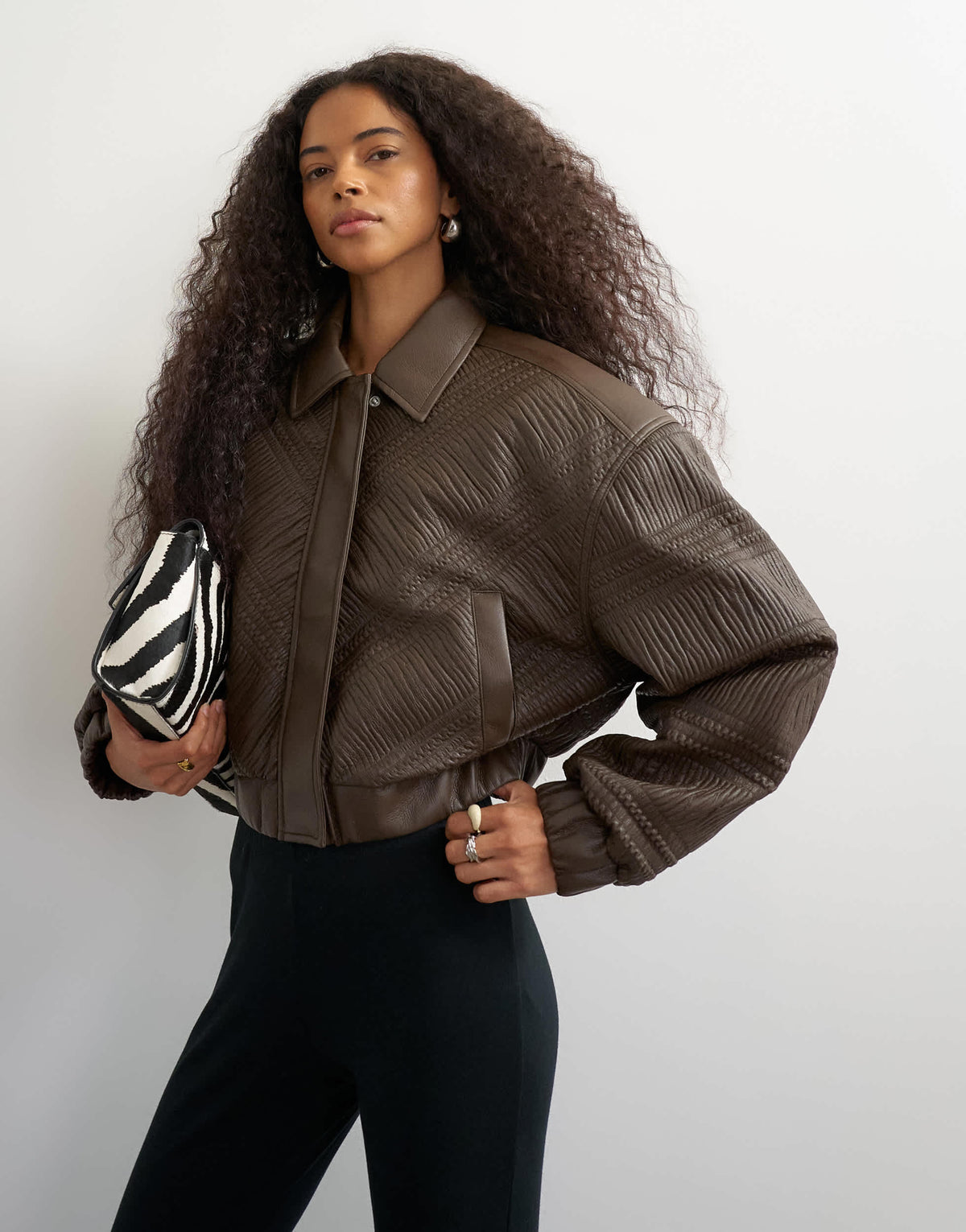 Topshop faux leather textured bomber in chocolate