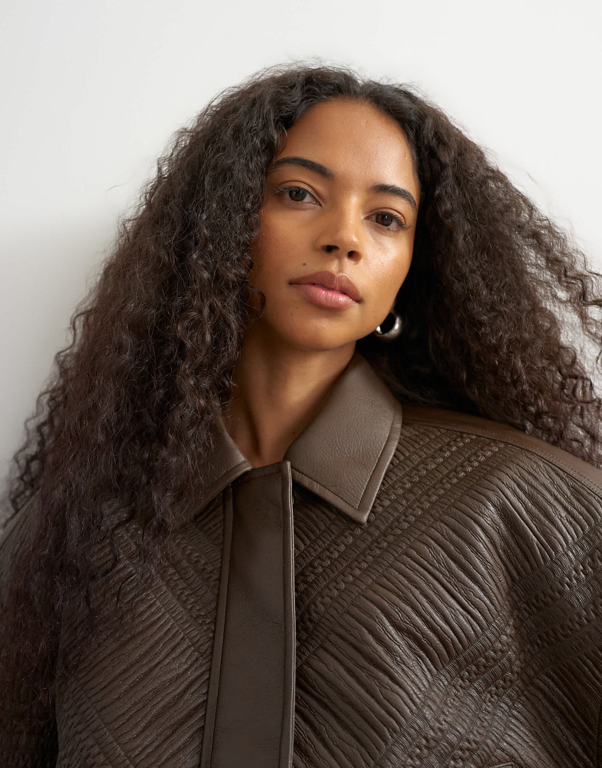Topshop faux leather textured bomber in chocolate