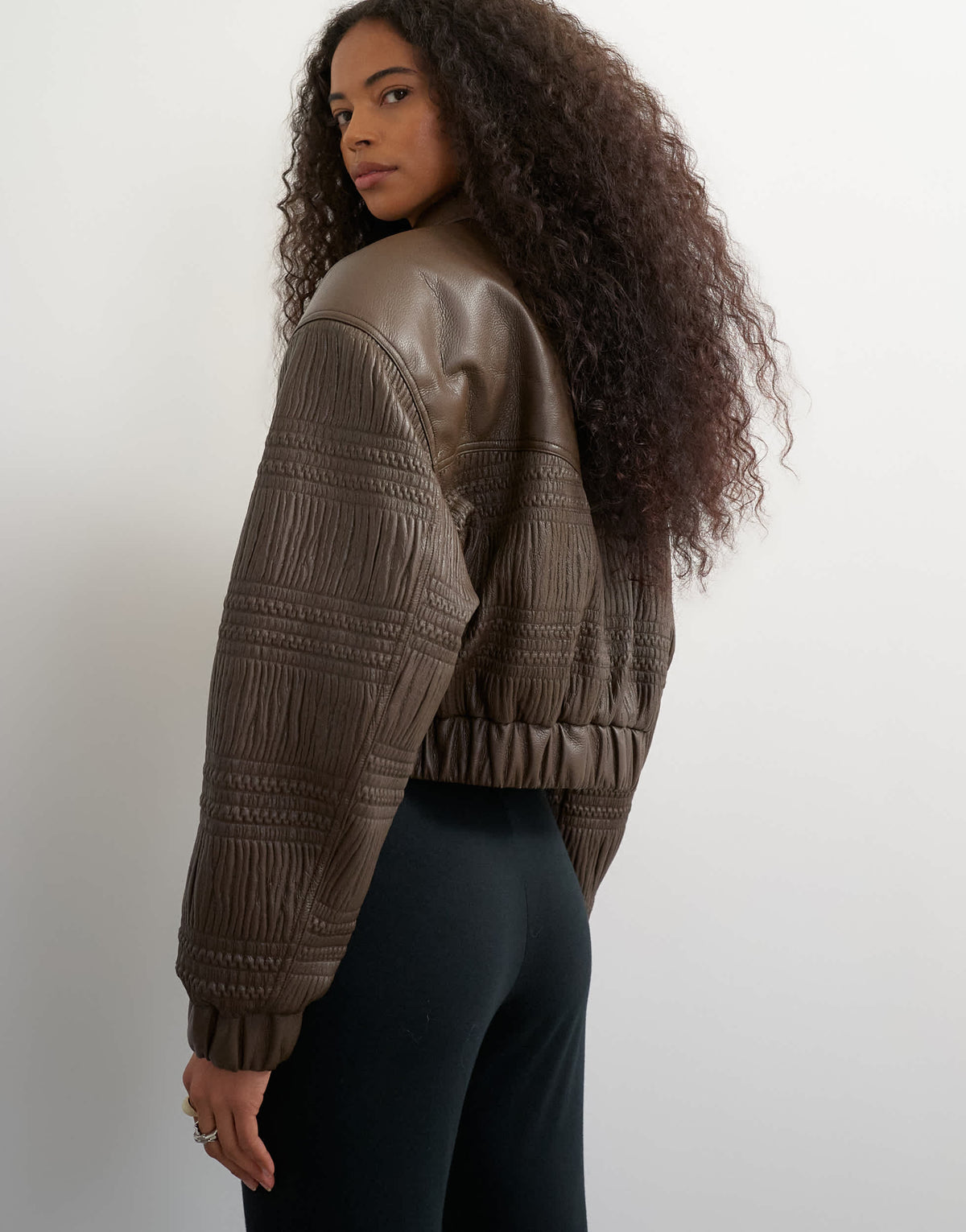 Topshop faux leather textured bomber in chocolate