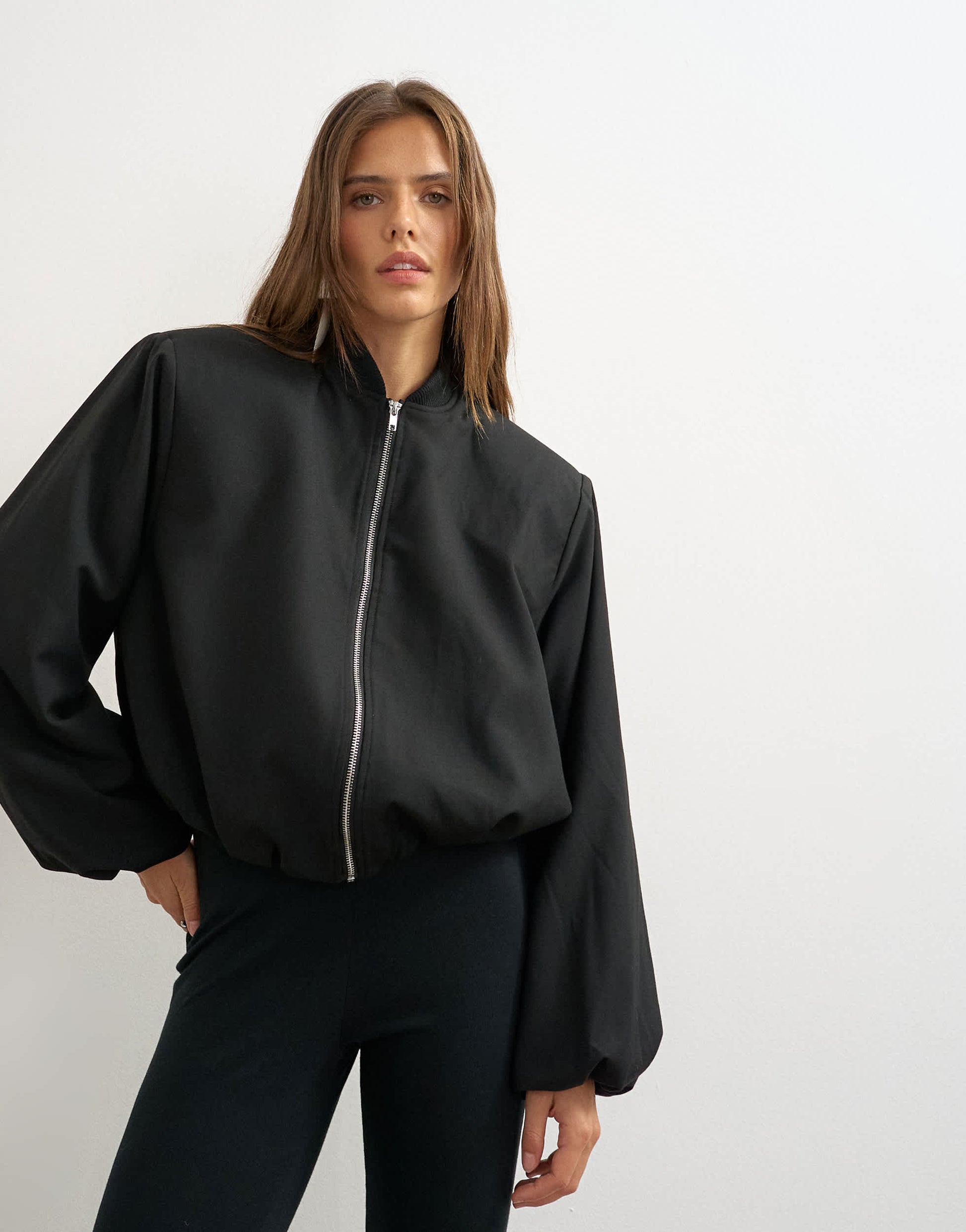 Topshop oversized zip up bomber jacket in black
