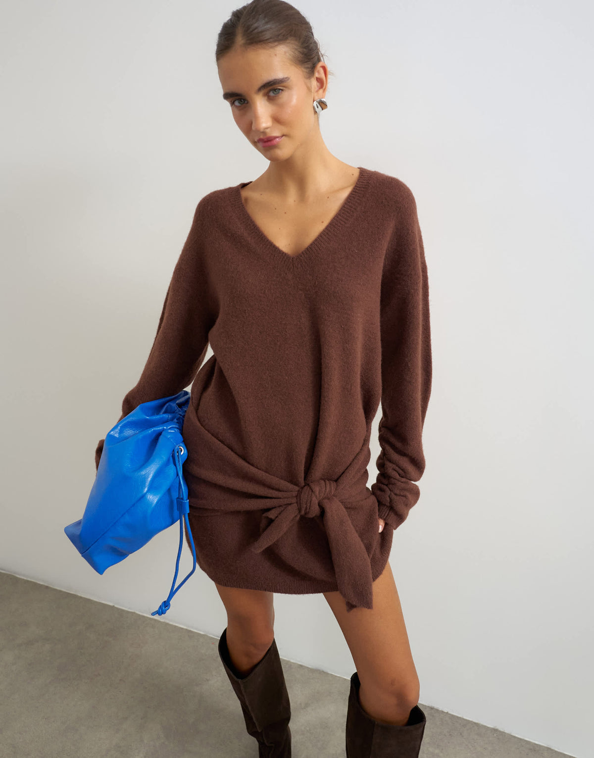Topshop knitted tie front long line mini jumper dress in deep mahogany