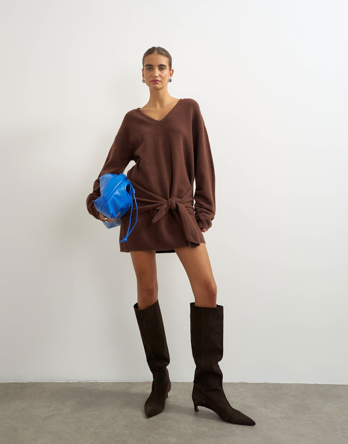 Topshop knitted tie front long line mini jumper dress in deep mahogany