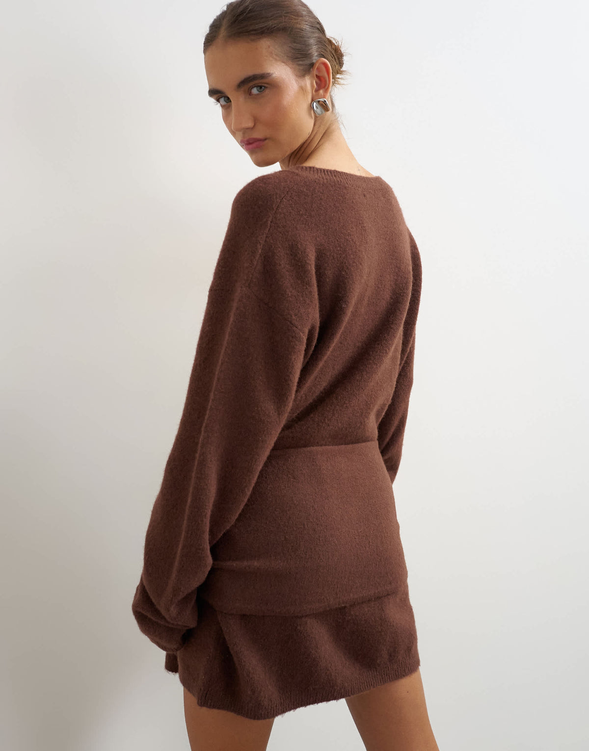 Topshop knitted tie front long line mini jumper dress in deep mahogany