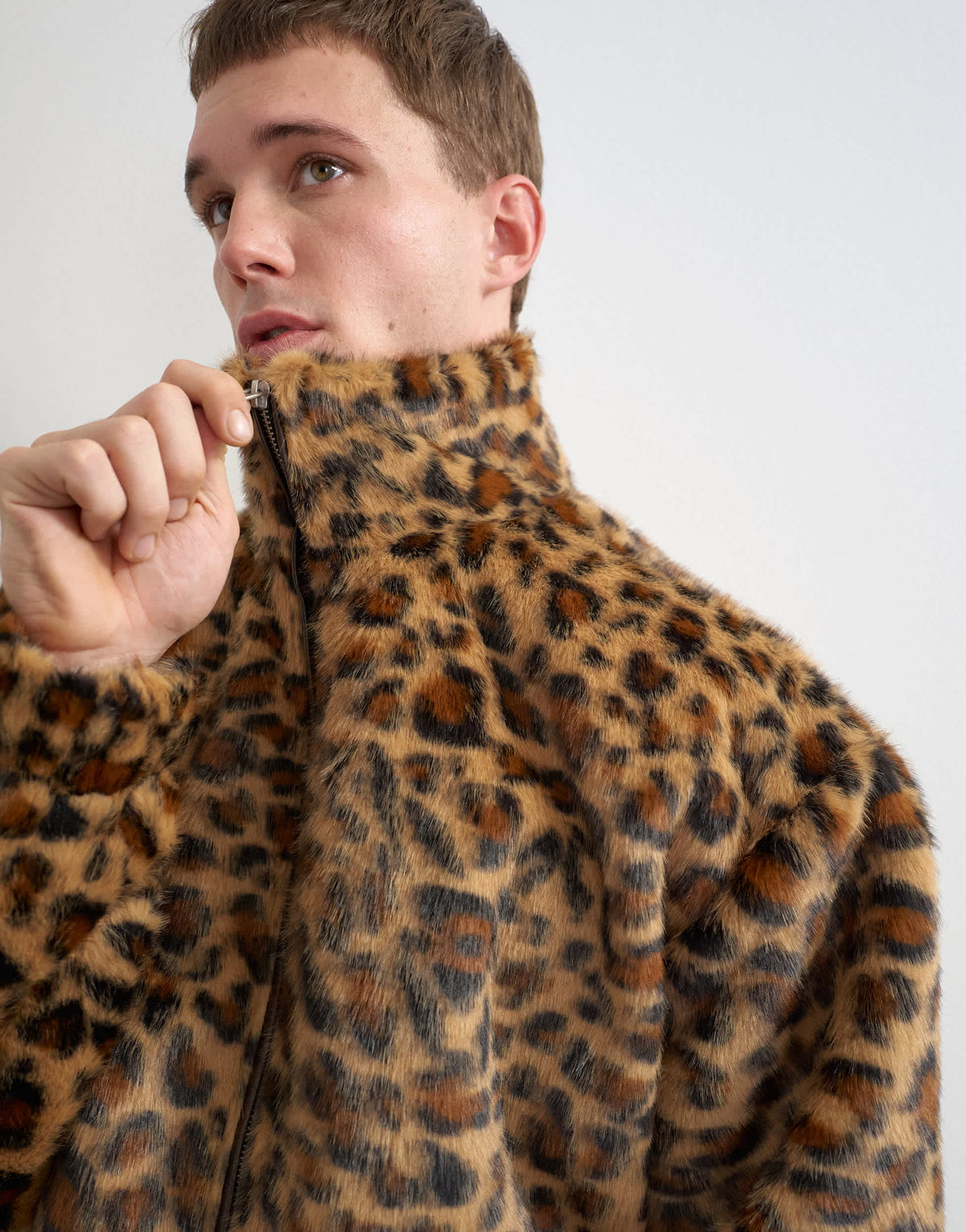 Topman faux fur leapord print bomber jacket in brown