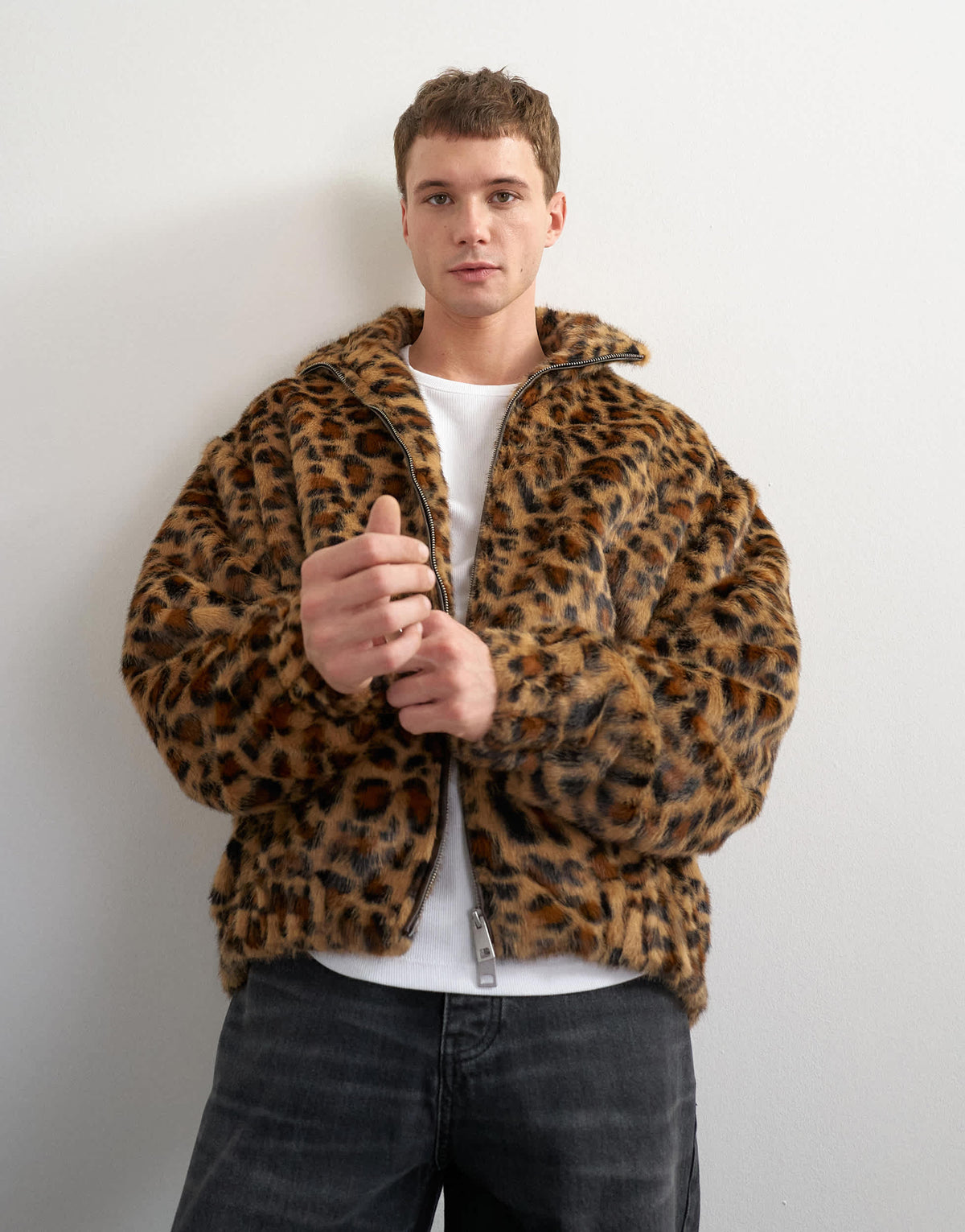 Topman faux fur leapord print bomber jacket in brown