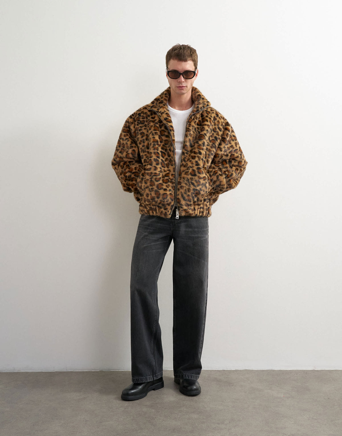 Topman faux fur leapord print bomber jacket in brown