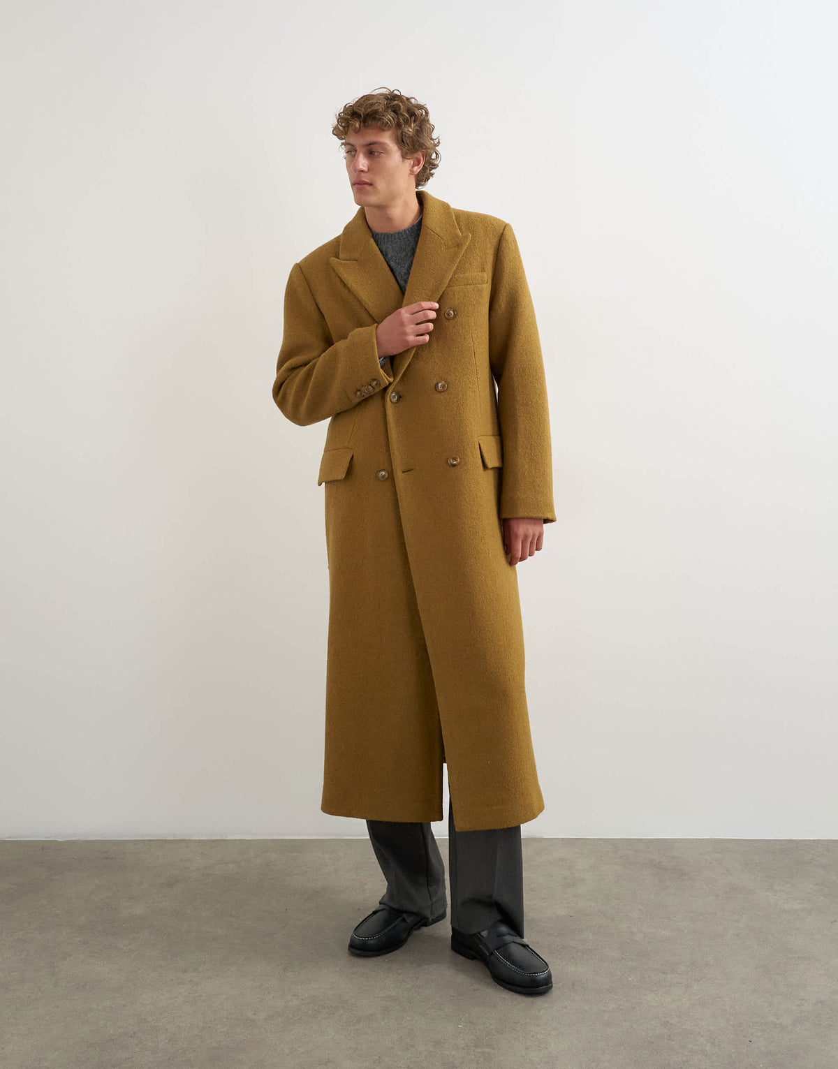 Topman oversized fit wool mix boucle double breasted overcoat in olive