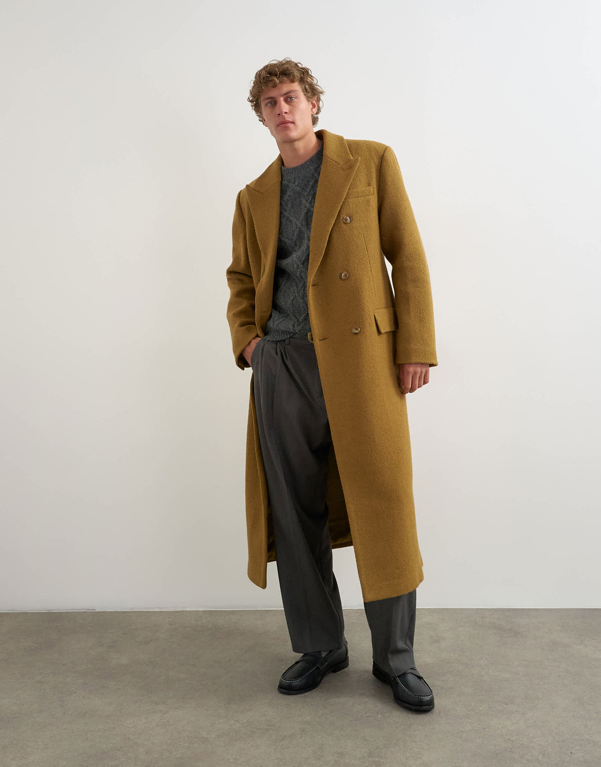 Topman oversized fit wool mix boucle double breasted overcoat in olive