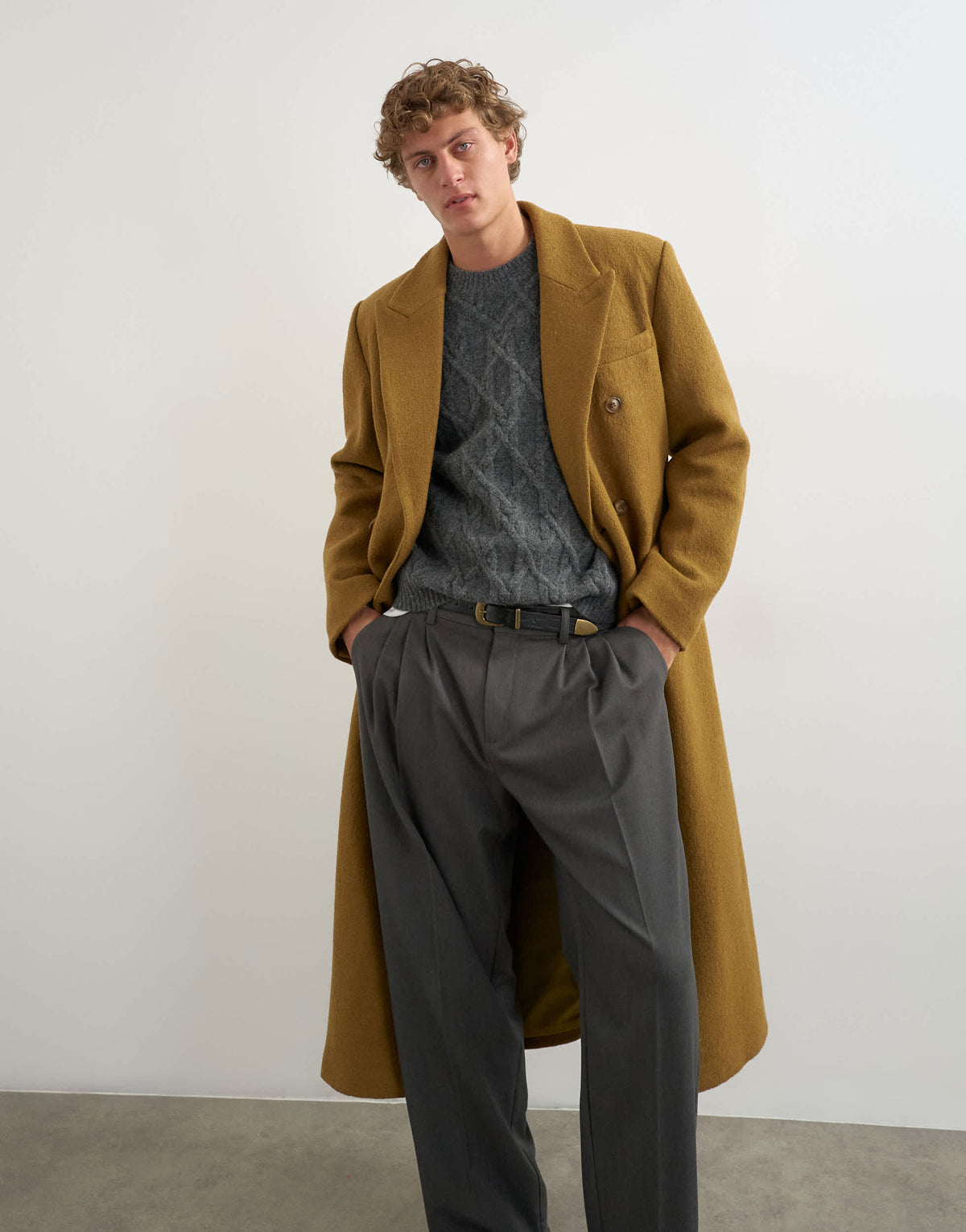 Topman oversized fit wool mix boucle double breasted overcoat in olive
