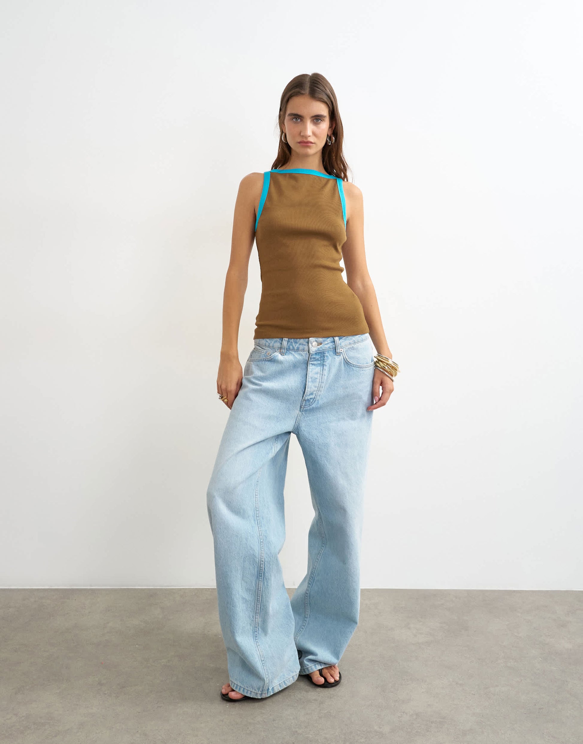 Topshop tipping slash neck racer vest in chocolate
