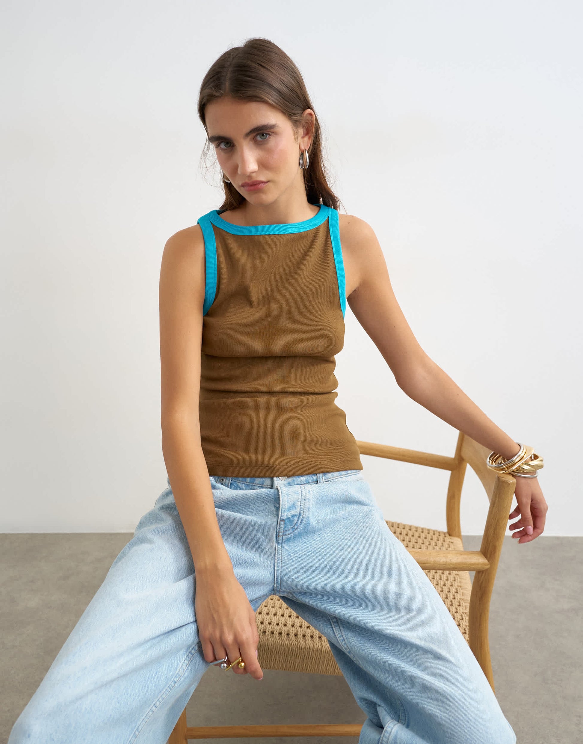 Topshop tipping slash neck racer vest in chocolate