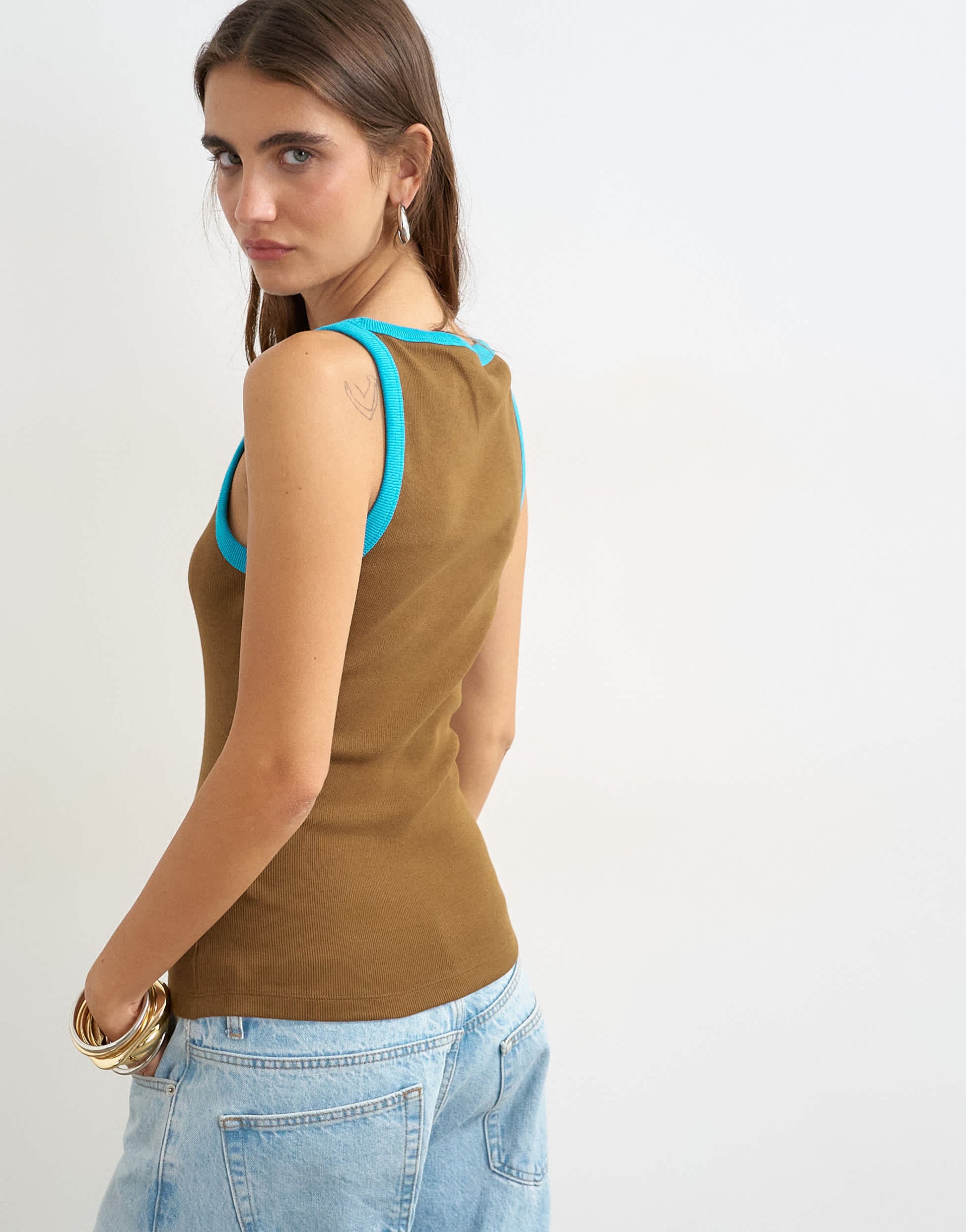Topshop tipping slash neck racer vest in chocolate