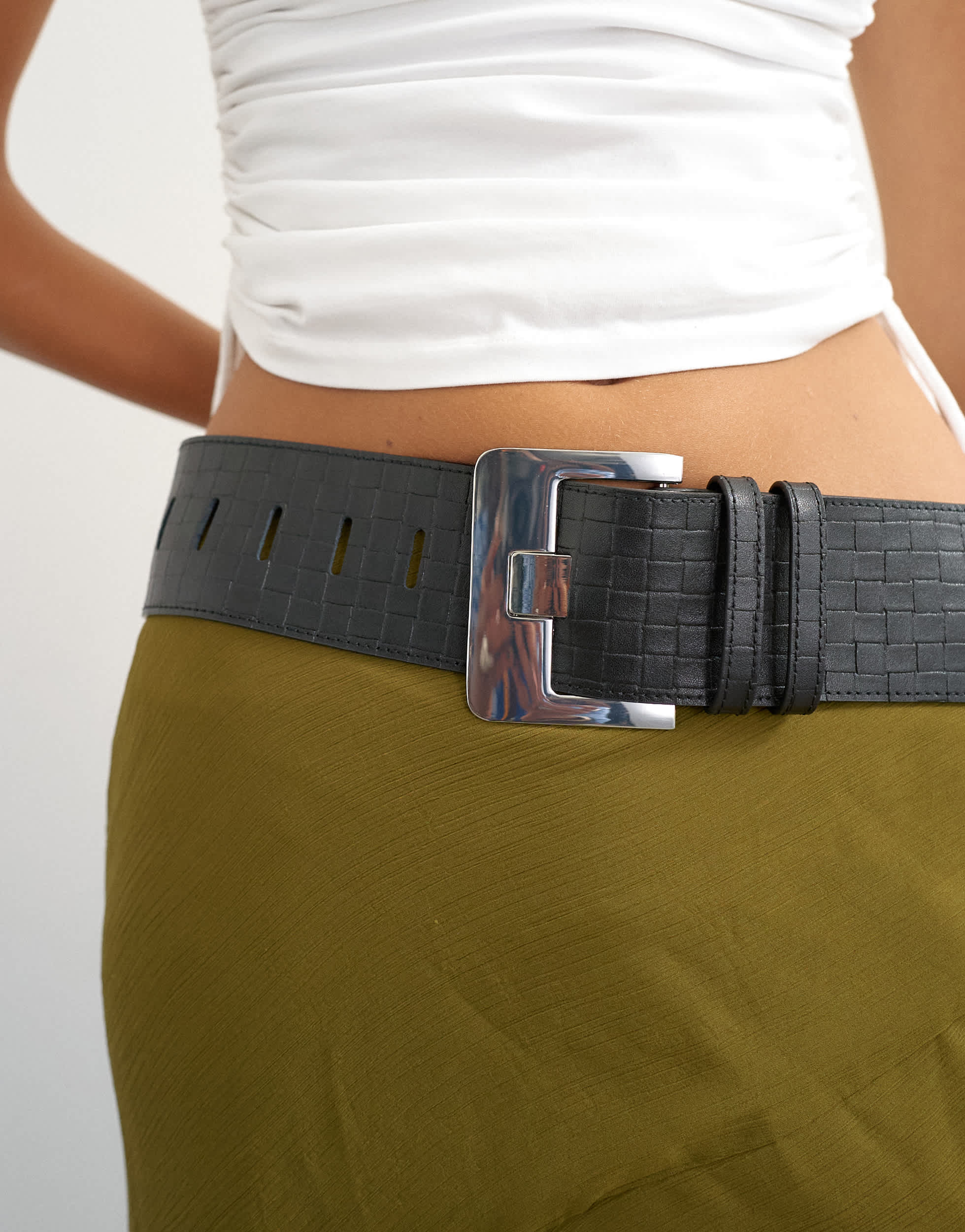 Topshop Embossed real leather chunky leather belt in black
