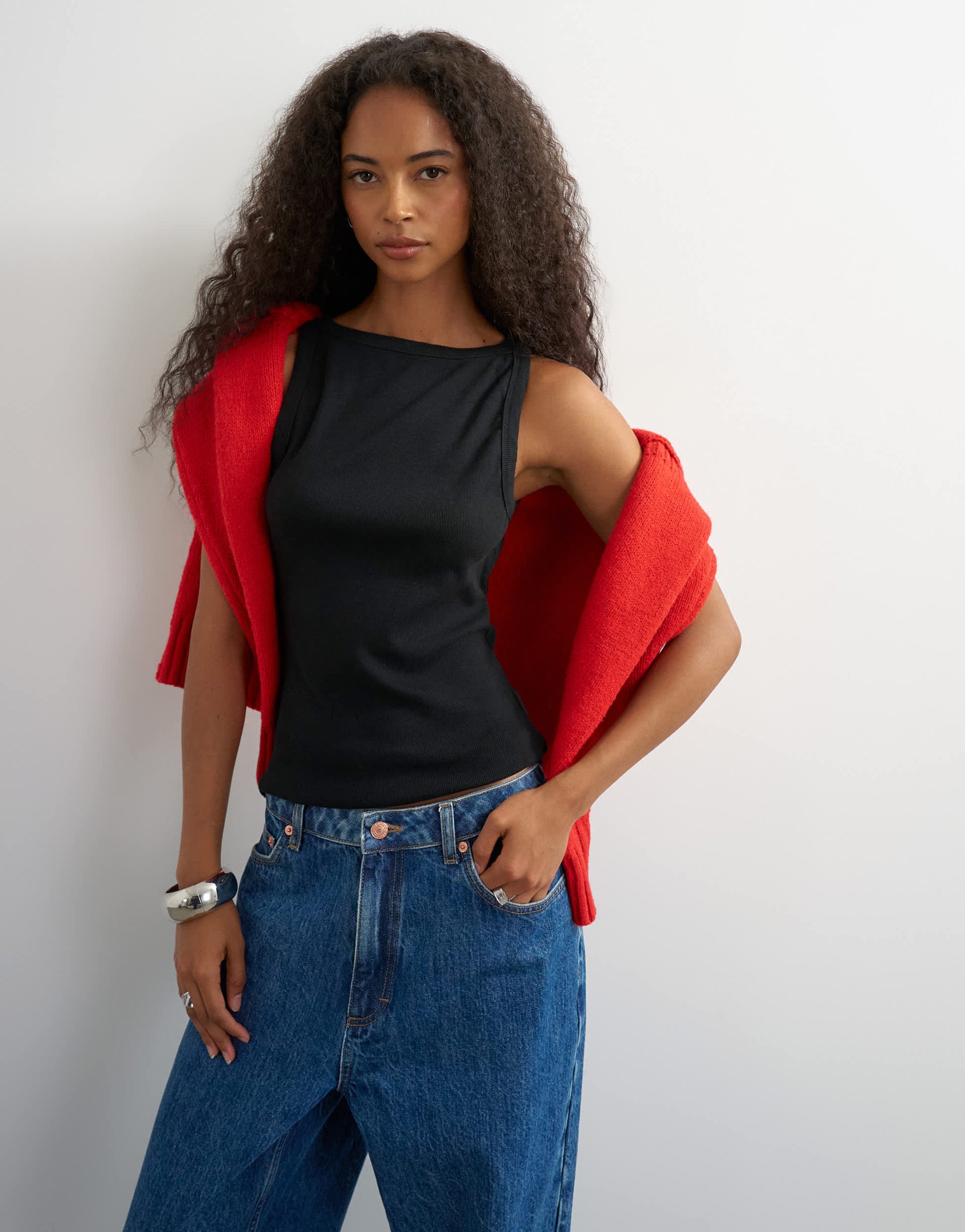 Topshop slash neck racer vest in washed black