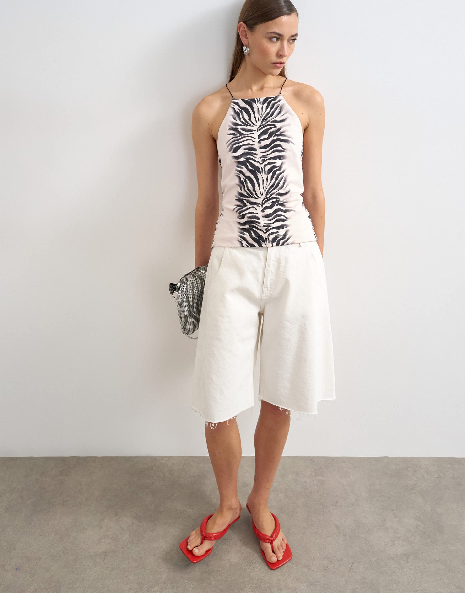 Topshop zebra cami lace up back top in white